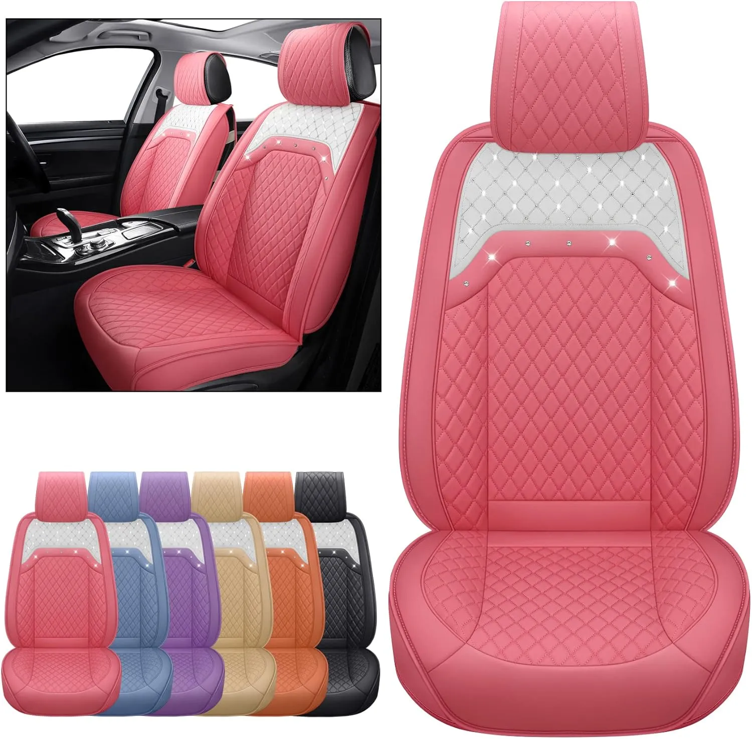 Aierxuan Front Sparkle Seat Covers for Women Universal Fit for Nissan Altima Rogue Honda Pilot Xterra Malibu Corolla CRV Civic Highlander Hyundai Elantra (2PCS Front, Pink)