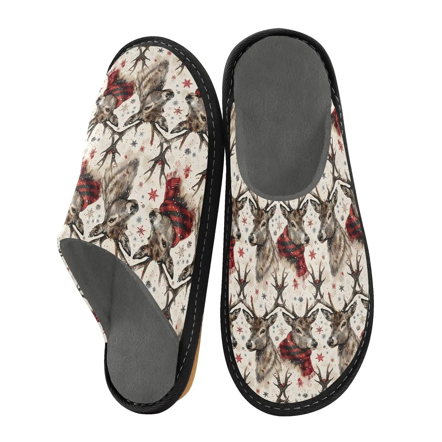 ALAZA Merry Christmas Deer Head Snowflake Fuzzy Slippers for Women Men Warm Soft Lightweight Memory Foam House Slippers 6.5-7