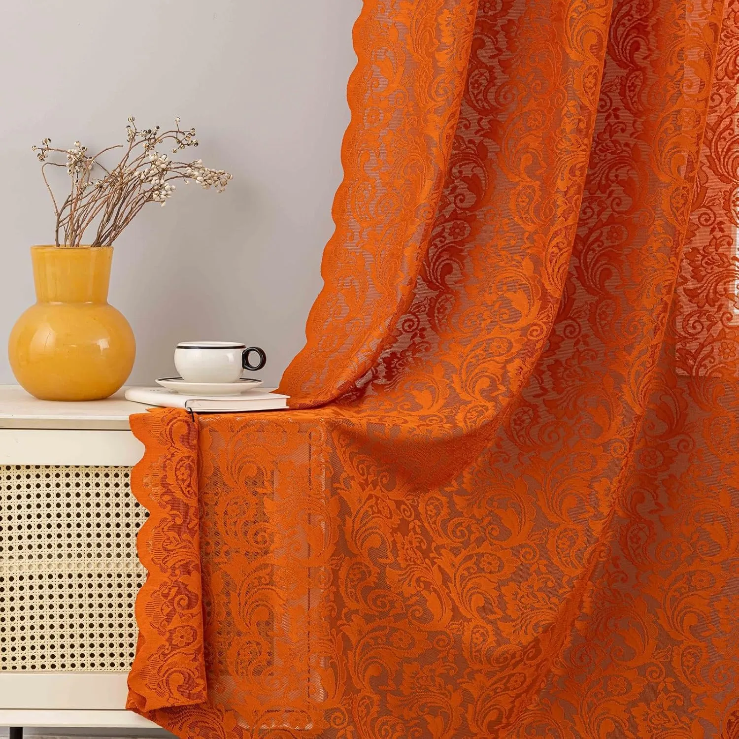 ALIGOGO Burnt Orange Curtains 72 Inch Length for Bedroom Elegant Semi Sheer Lace Floral Window Curtians Rust Boho Fall Decor Rod Pocket Privacy Terracotta Curtains 2 Panels, 52 x 72 Inch,Burnt Orange