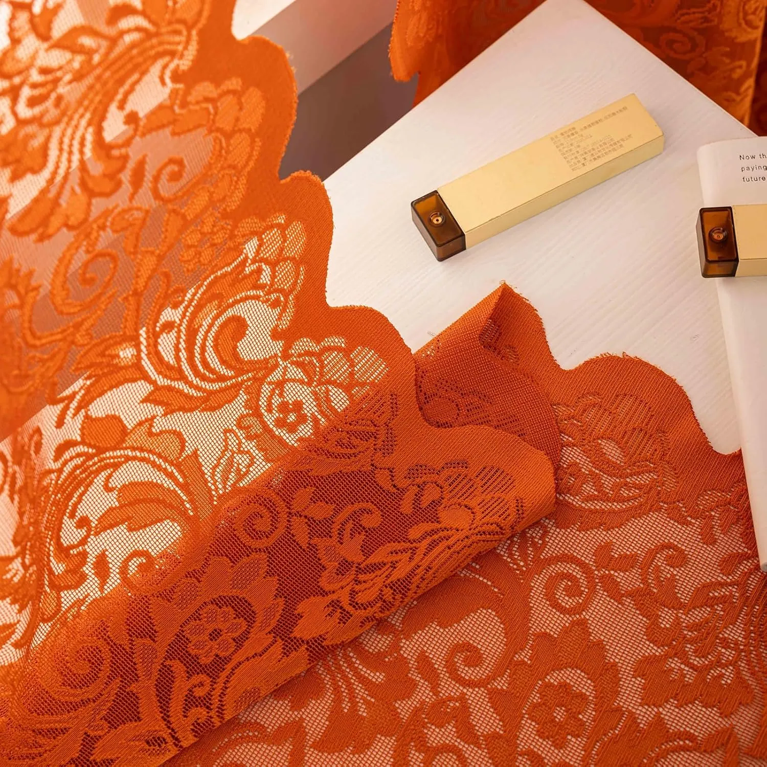 ALIGOGO Burnt Orange Curtains 72 Inch Length for Bedroom Elegant Semi Sheer Lace Floral Window Curtians Rust Boho Fall Decor Rod Pocket Privacy Terracotta Curtains 2 Panels, 52 x 72 Inch,Burnt Orange