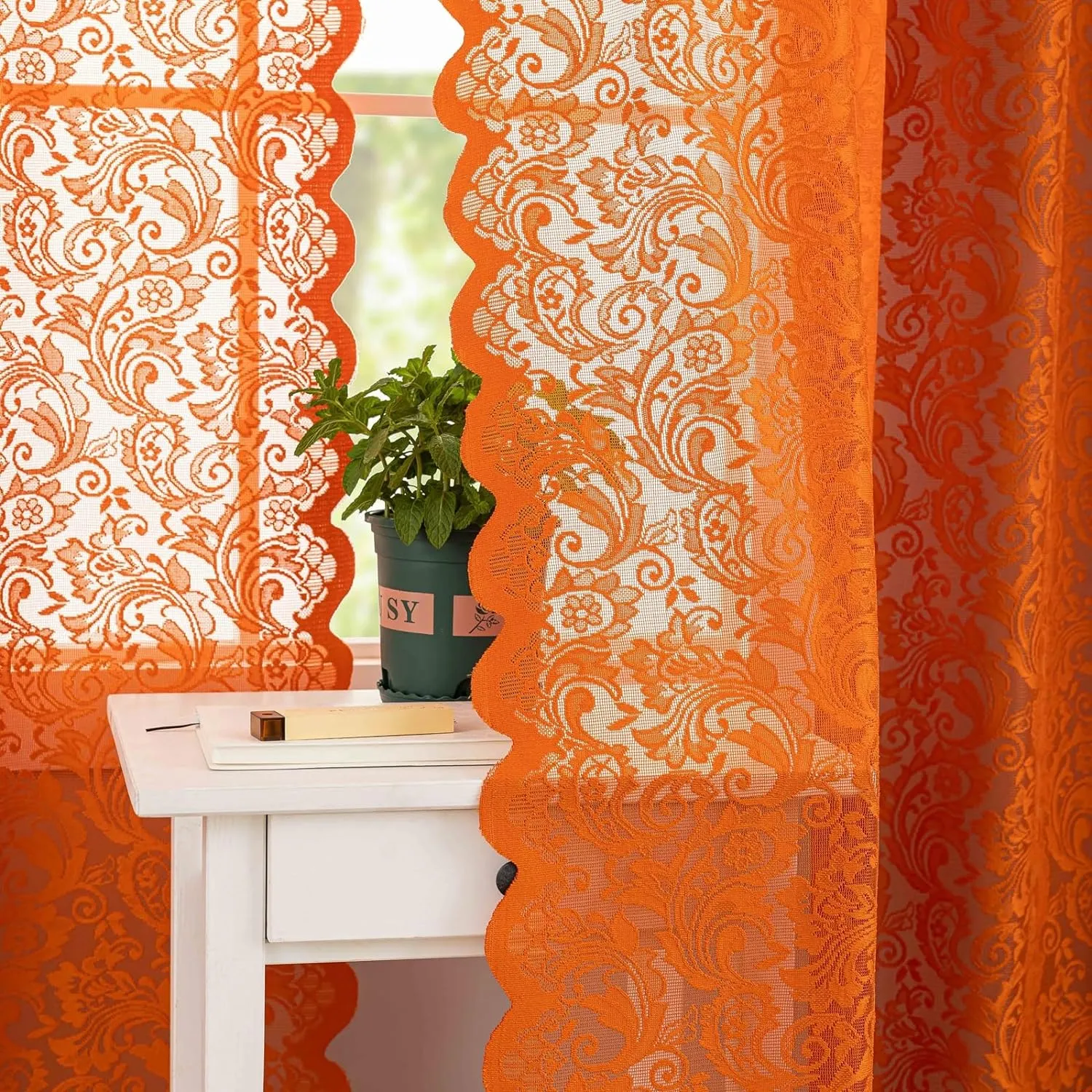 ALIGOGO Burnt Orange Curtains 72 Inch Length for Bedroom Elegant Semi Sheer Lace Floral Window Curtians Rust Boho Fall Decor Rod Pocket Privacy Terracotta Curtains 2 Panels, 52 x 72 Inch,Burnt Orange