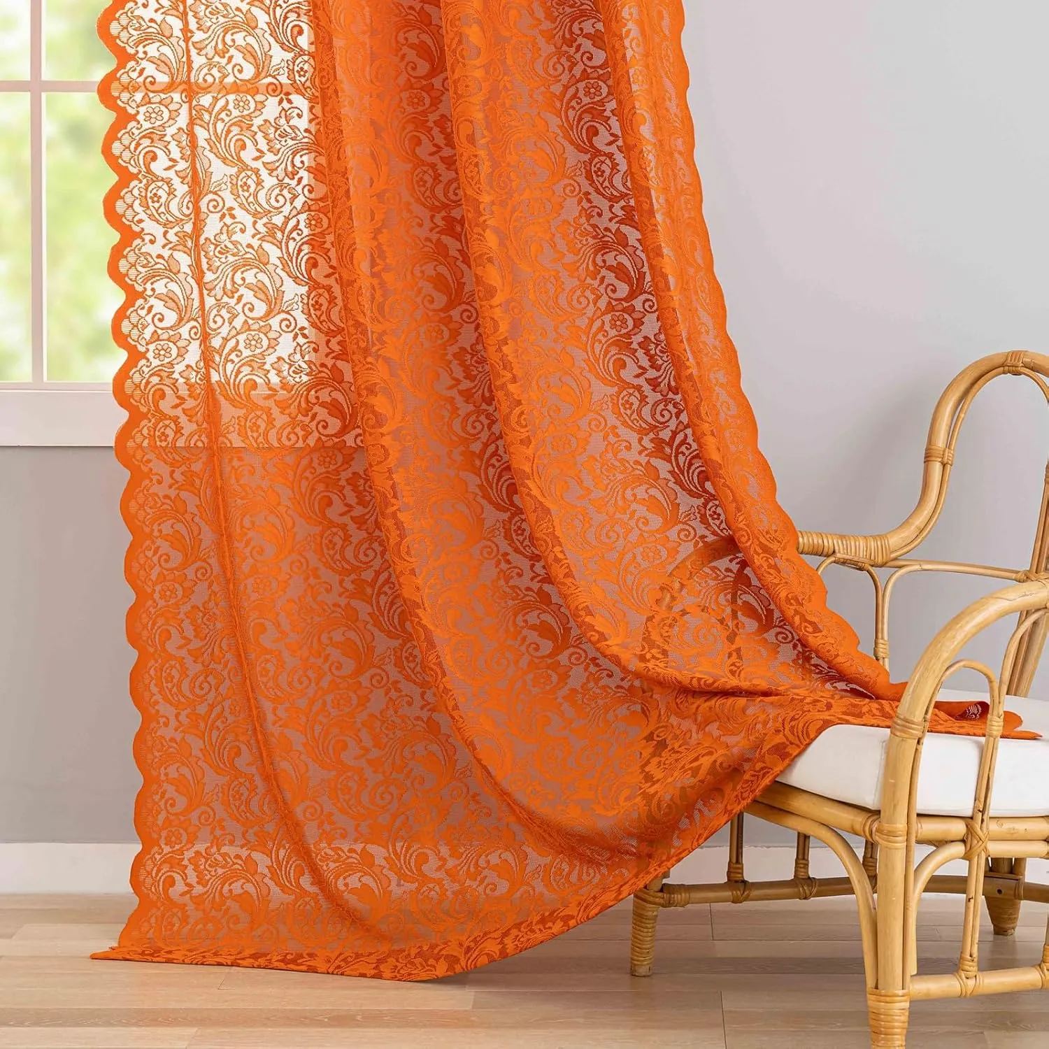 ALIGOGO Burnt Orange Curtains 72 Inch Length for Bedroom Elegant Semi Sheer Lace Floral Window Curtians Rust Boho Fall Decor Rod Pocket Privacy Terracotta Curtains 2 Panels, 52 x 72 Inch,Burnt Orange