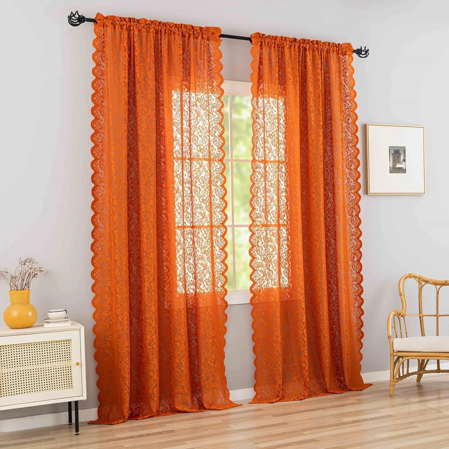 ALIGOGO Burnt Orange Curtains 72 Inch Length for Bedroom Elegant Semi Sheer Lace Floral Window Curtians Rust Boho Fall Decor Rod Pocket Privacy Terracotta Curtains 2 Panels, 52 x 72 Inch,Burnt Orange
