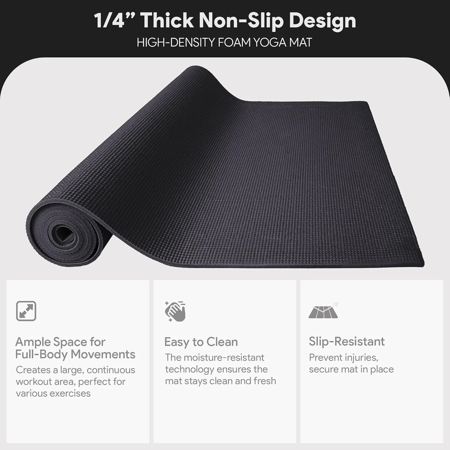 All Purpose 1/4-Inch High Density Anti-Tear Exercise Yoga Mat with Carrying Strap, Multiple Colors