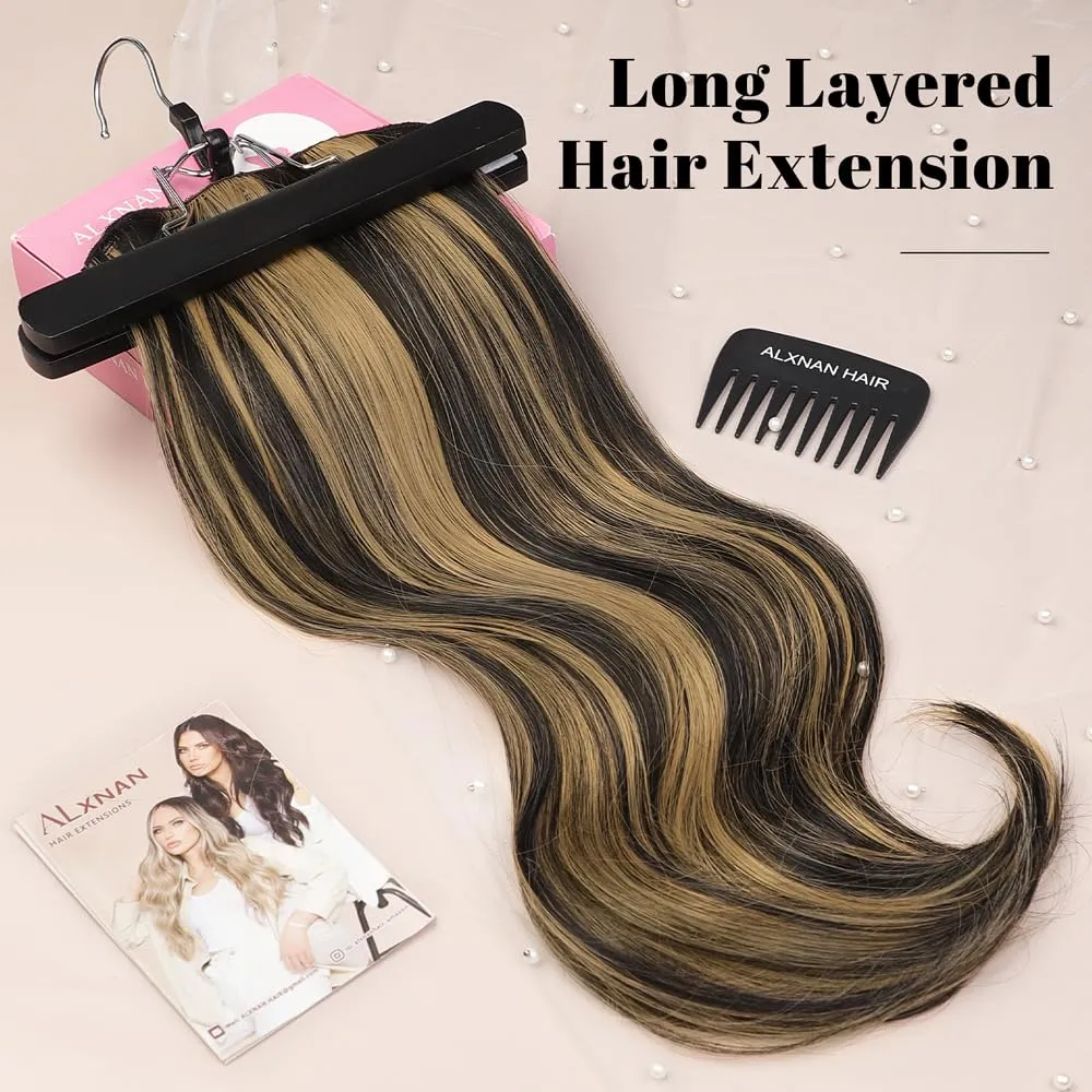 ALXNAN Clip in Hair Extensions - Thick Long Straight Layered Hair Extensions, Black Mix Blonde, 20 Inch Soft Lace Weft