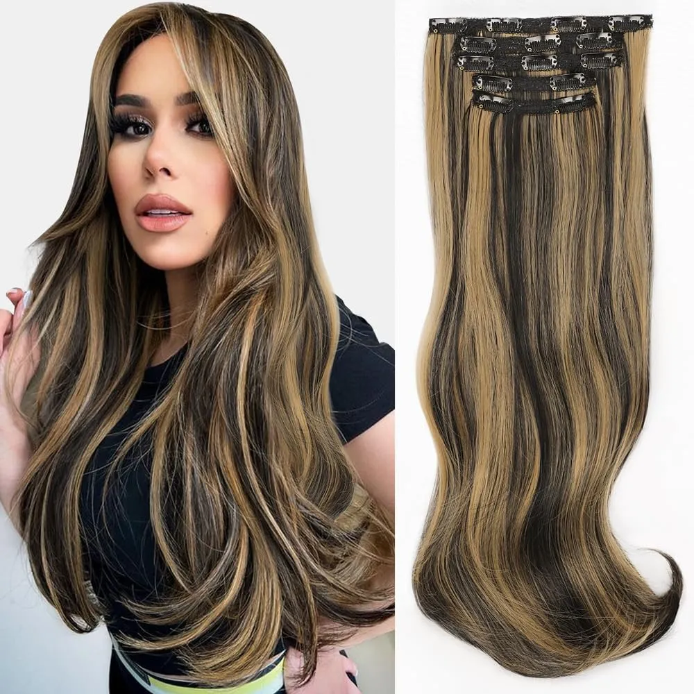 ALXNAN Clip in Hair Extensions - Thick Long Straight Layered Hair Extensions, Black Mix Blonde, 20 Inch Soft Lace Weft