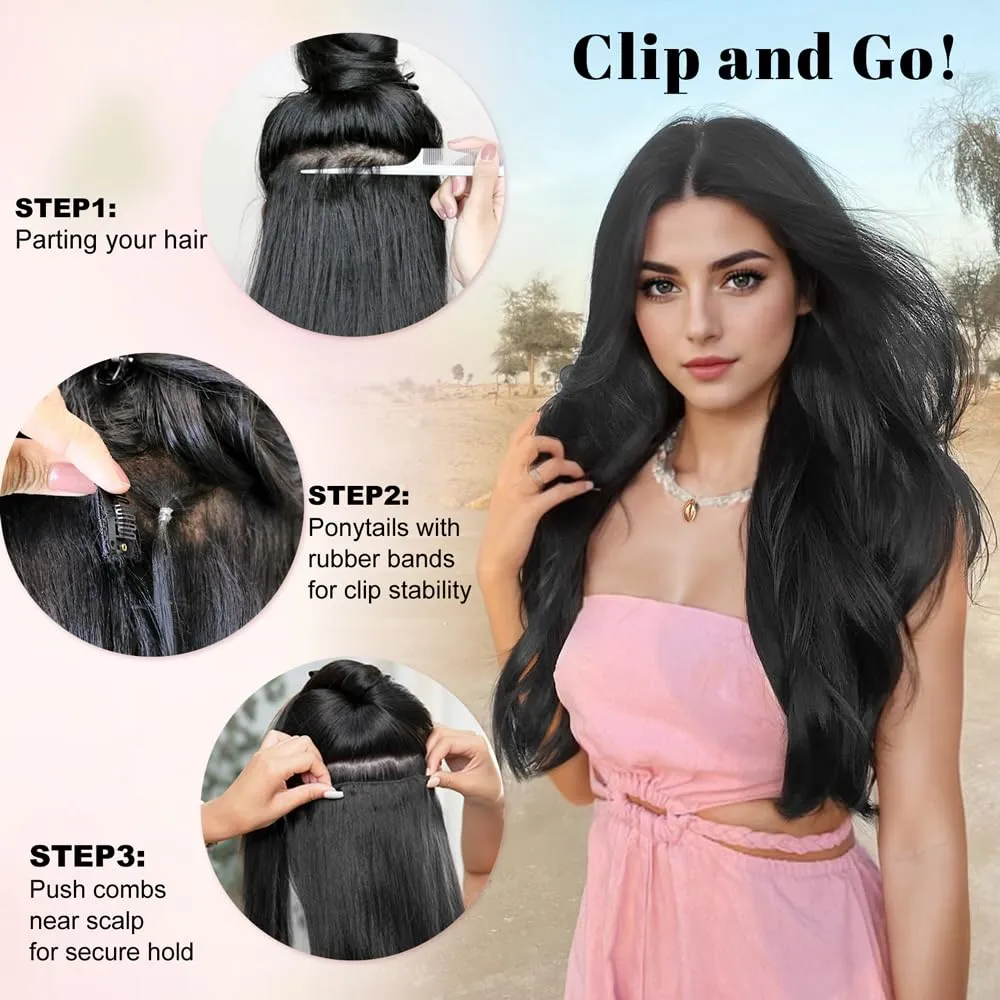 ALXNAN Clip in Hair Extensions - Thick Long Straight Layered Hair Extensions, Black Mix Blonde, 20 Inch Soft Lace Weft