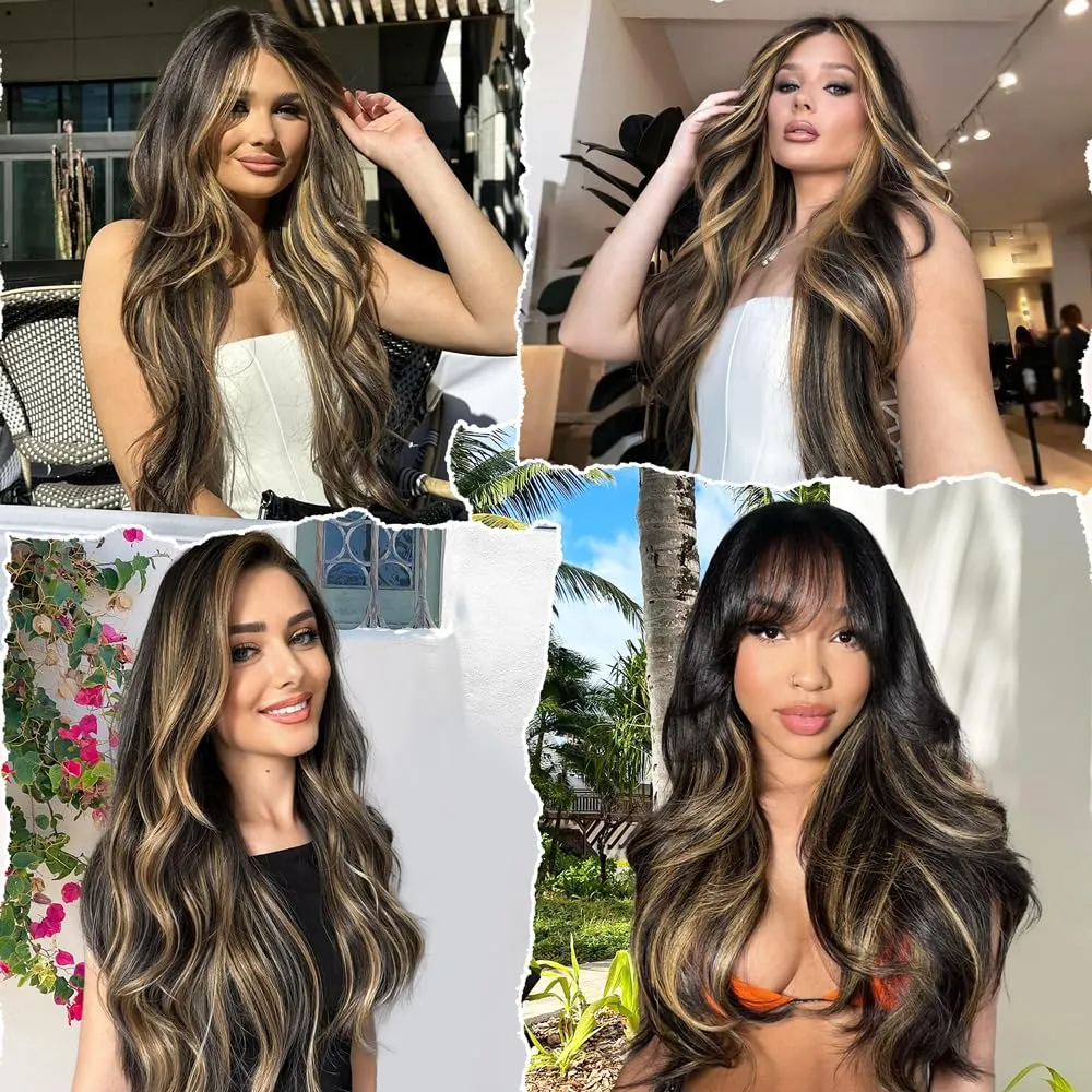 ALXNAN Clip in Hair Extensions - Thick Long Straight Layered Hair Extensions, Black Mix Blonde, 20 Inch Soft Lace Weft