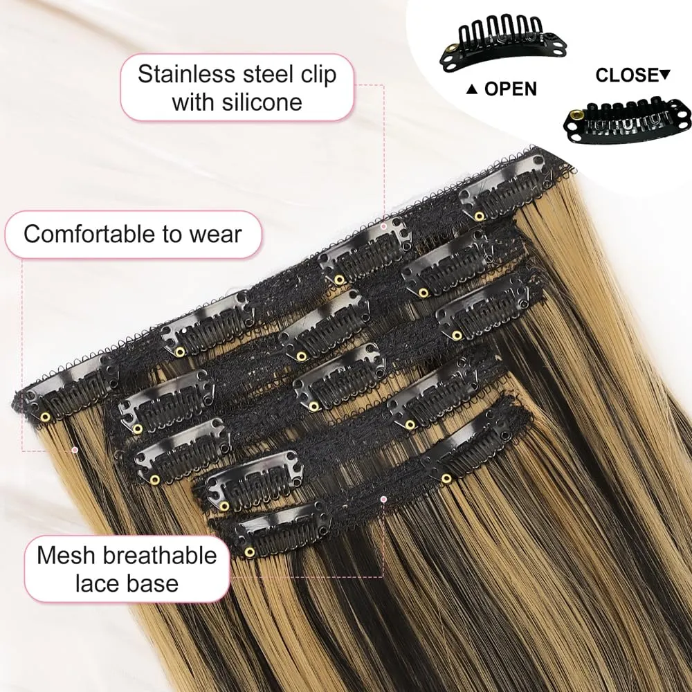 ALXNAN Clip in Hair Extensions - Thick Long Straight Layered Hair Extensions, Black Mix Blonde, 20 Inch Soft Lace Weft