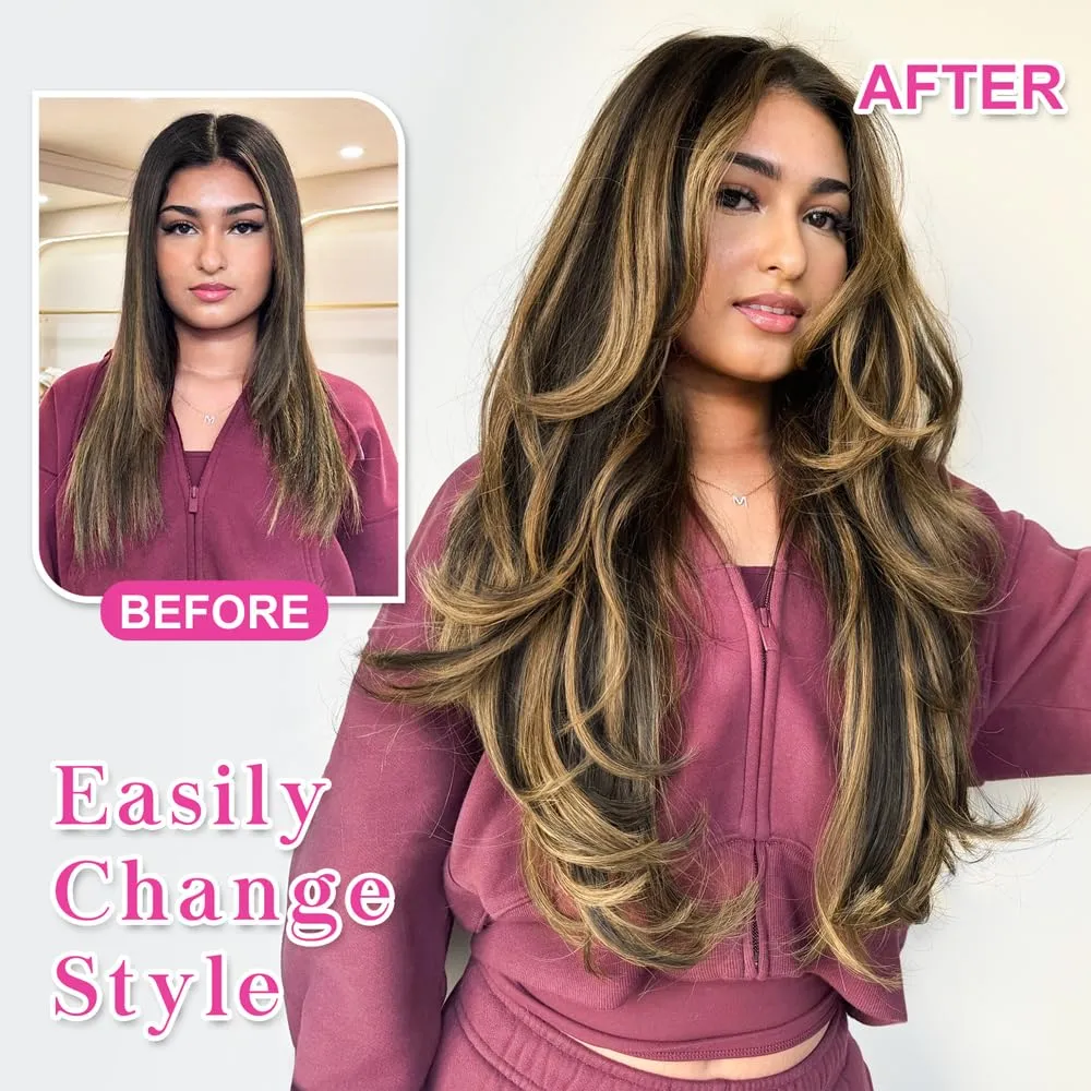 ALXNAN Clip in Hair Extensions - Thick Long Straight Layered Hair Extensions, Black Mix Blonde, 20 Inch Soft Lace Weft