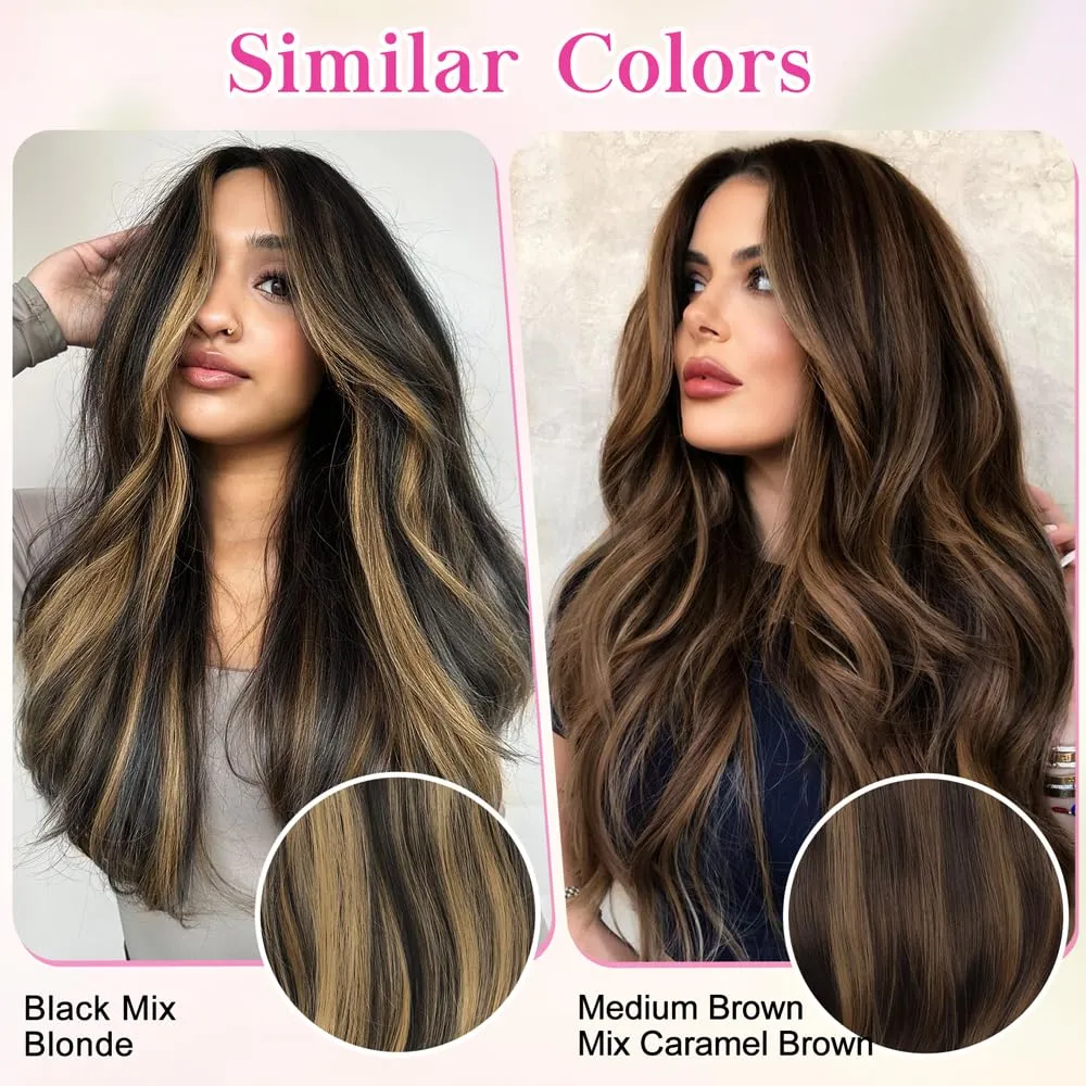 ALXNAN Clip in Hair Extensions - Thick Long Straight Layered Hair Extensions, Black Mix Blonde, 20 Inch Soft Lace Weft