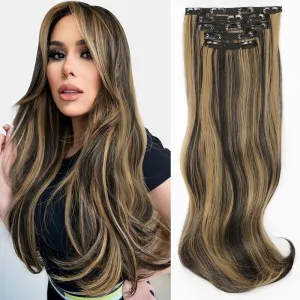 ALXNAN Clip in Hair Extensions - Thick Long Straight Layered Hair Extensions, Black Mix Blonde, 20 Inch Soft Lace Weft