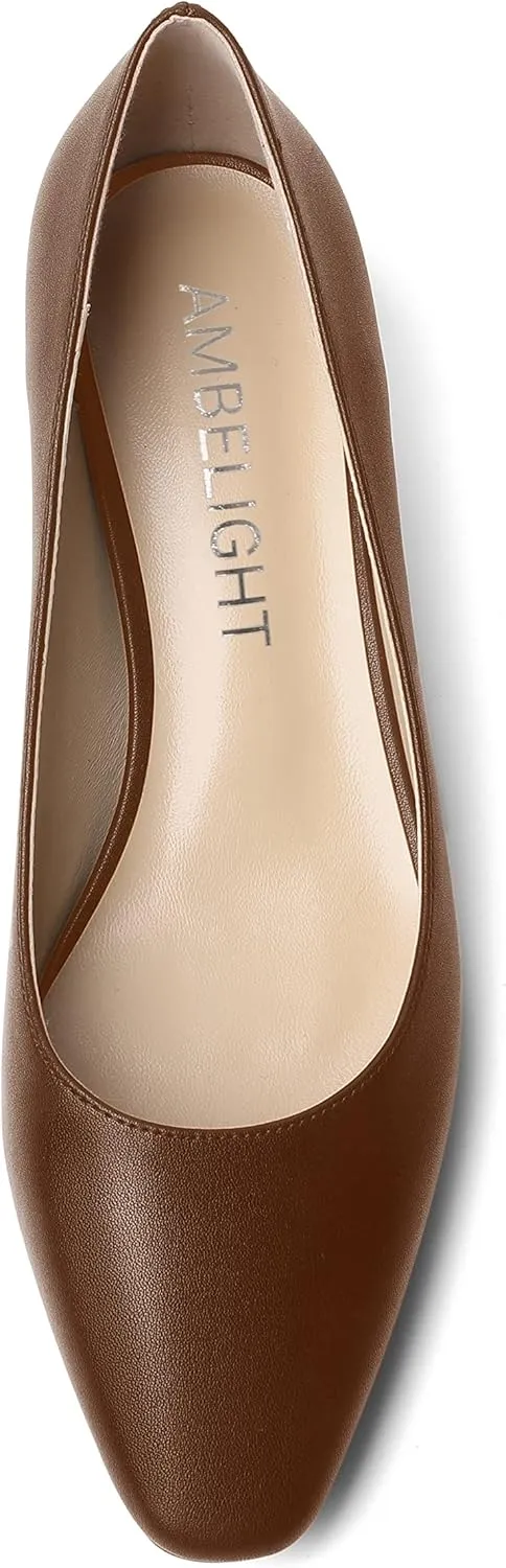 AMBELIGHT Womens Square Toe Solid Matte Office Casual Slip On Kitten Low Heel Pumps Shoes 1.5 Inch