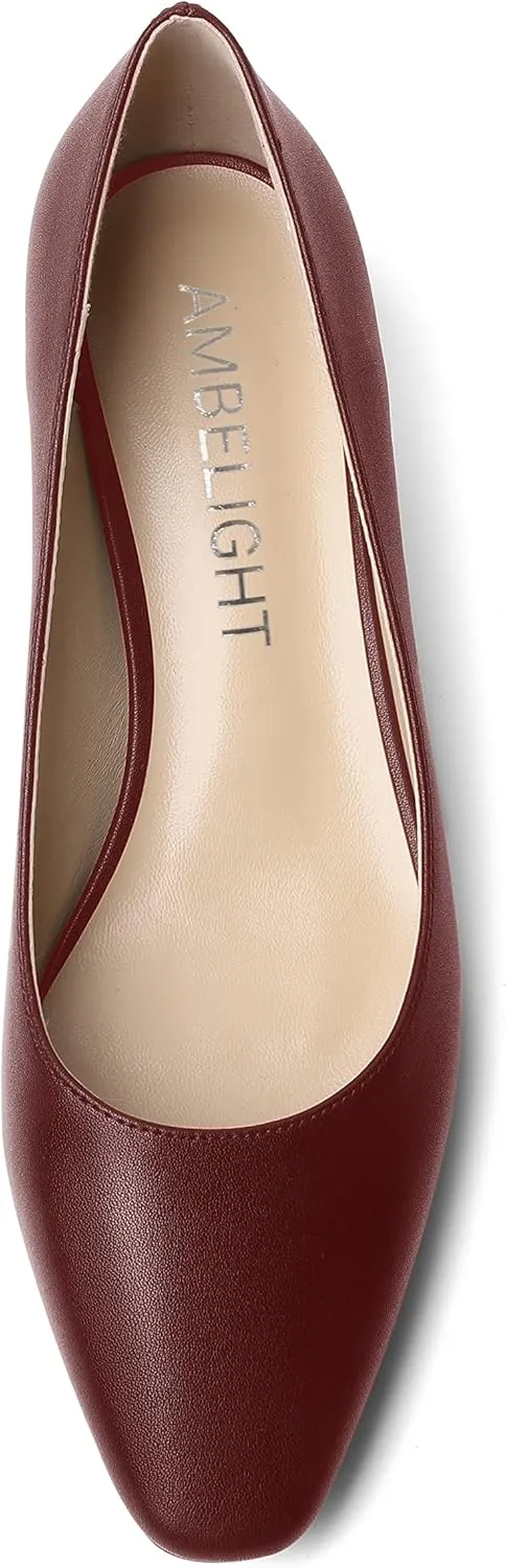 AMBELIGHT Womens Square Toe Solid Matte Office Casual Slip On Kitten Low Heel Pumps Shoes 1.5 Inch