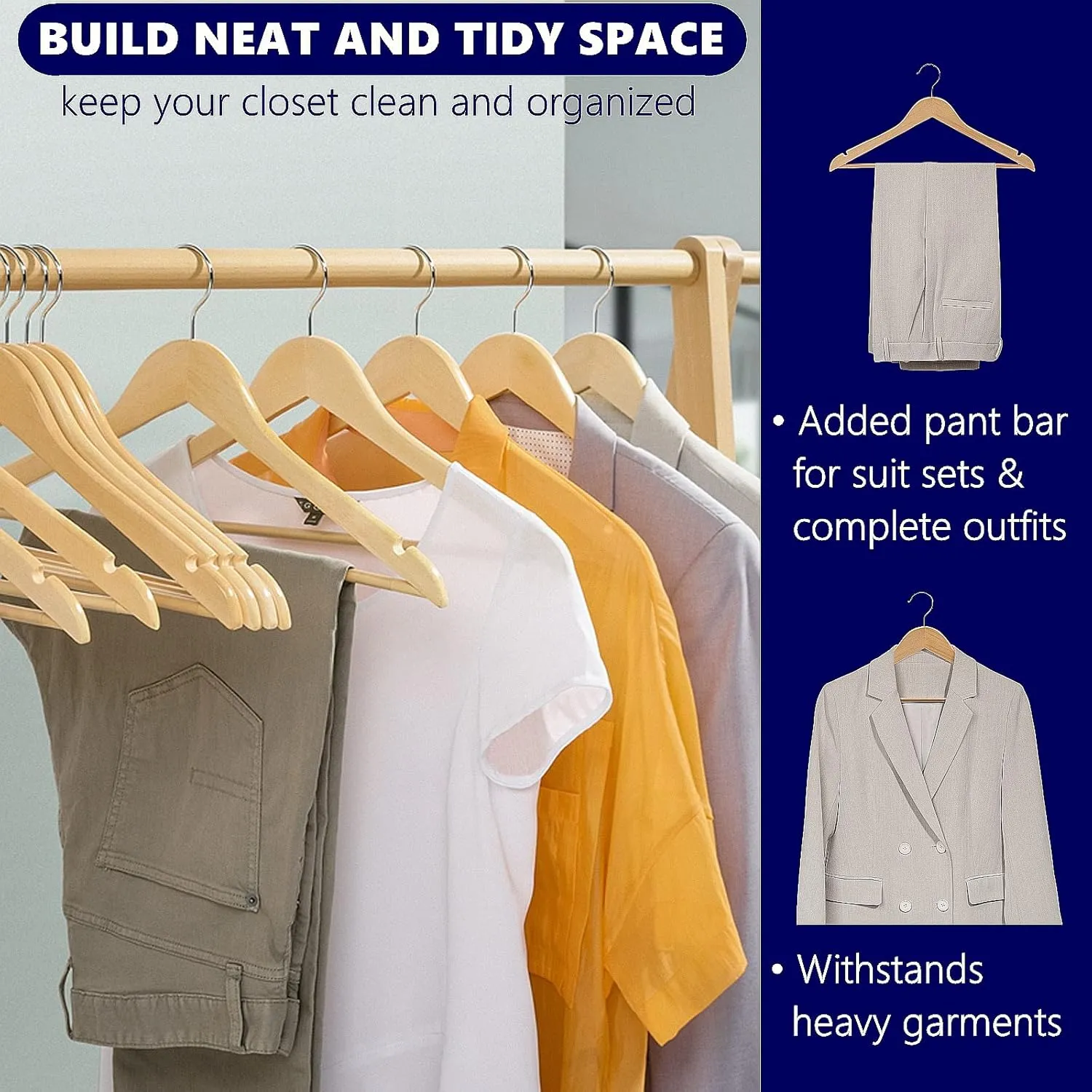 Amber Home 30 Pack Wooden Coat Hangers, Natural Wood Suit Hangers with Non Slip Pant Bar, Clothes Hangers for Shirts, Jackets, Dress, Pant (Natural, 30)