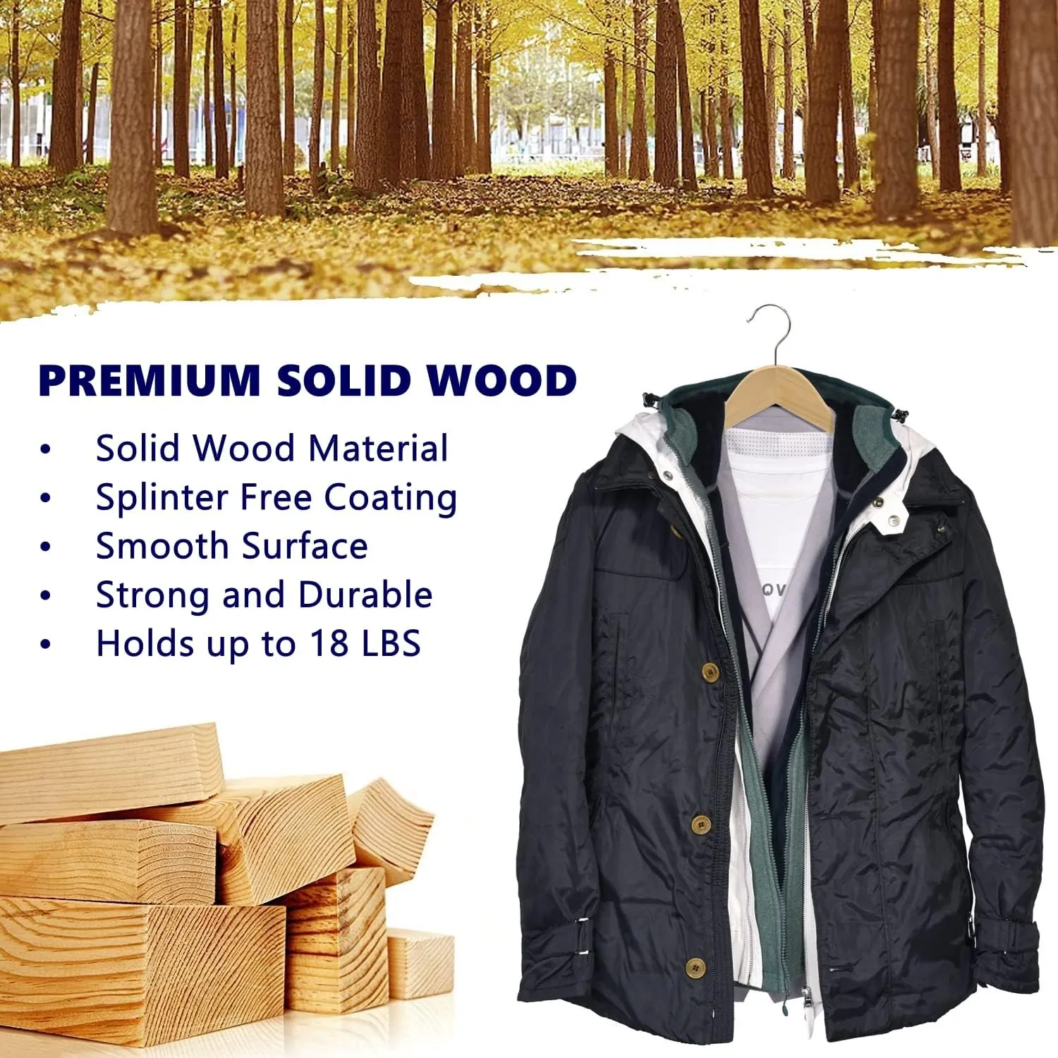 Amber Home 30 Pack Wooden Coat Hangers, Natural Wood Suit Hangers with Non Slip Pant Bar, Clothes Hangers for Shirts, Jackets, Dress, Pant (Natural, 30)