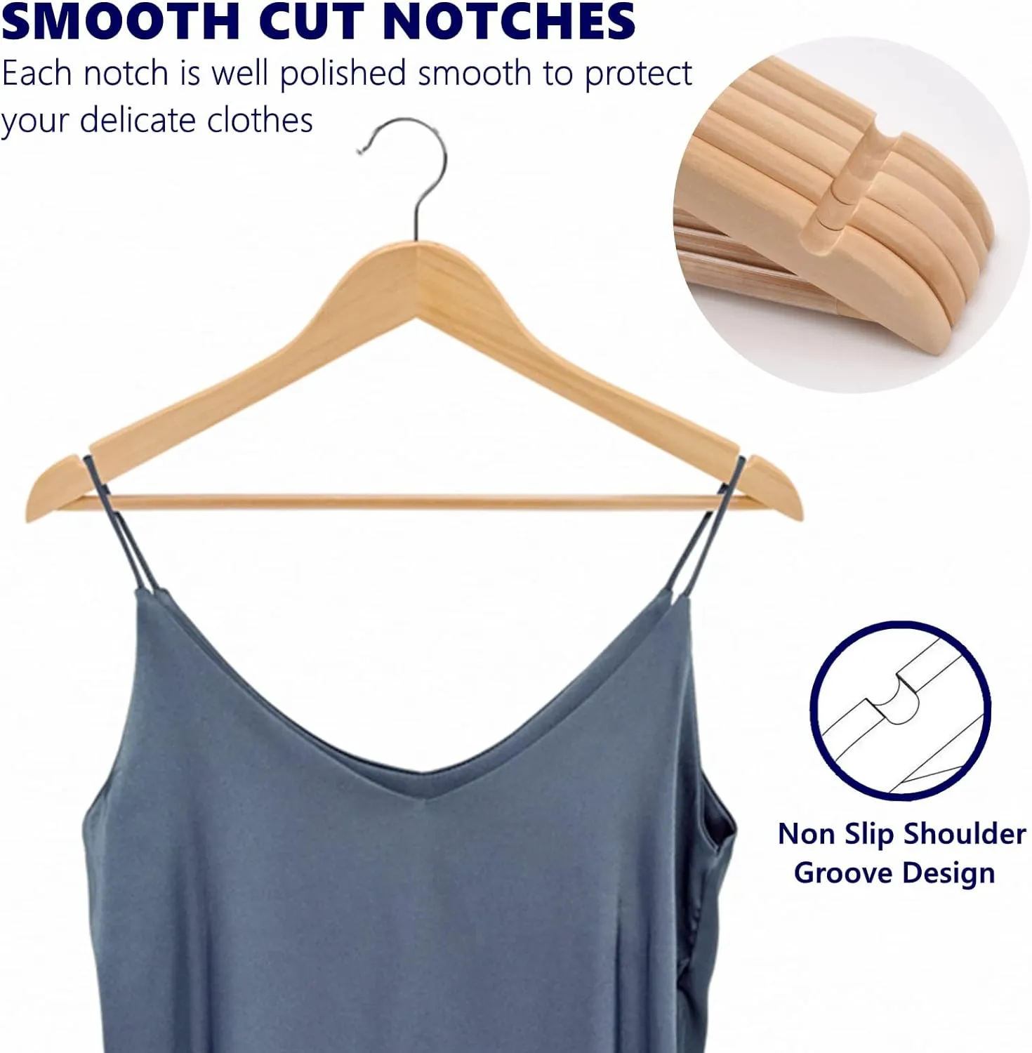 Amber Home 30 Pack Wooden Coat Hangers, Natural Wood Suit Hangers with Non Slip Pant Bar, Clothes Hangers for Shirts, Jackets, Dress, Pant (Natural, 30)