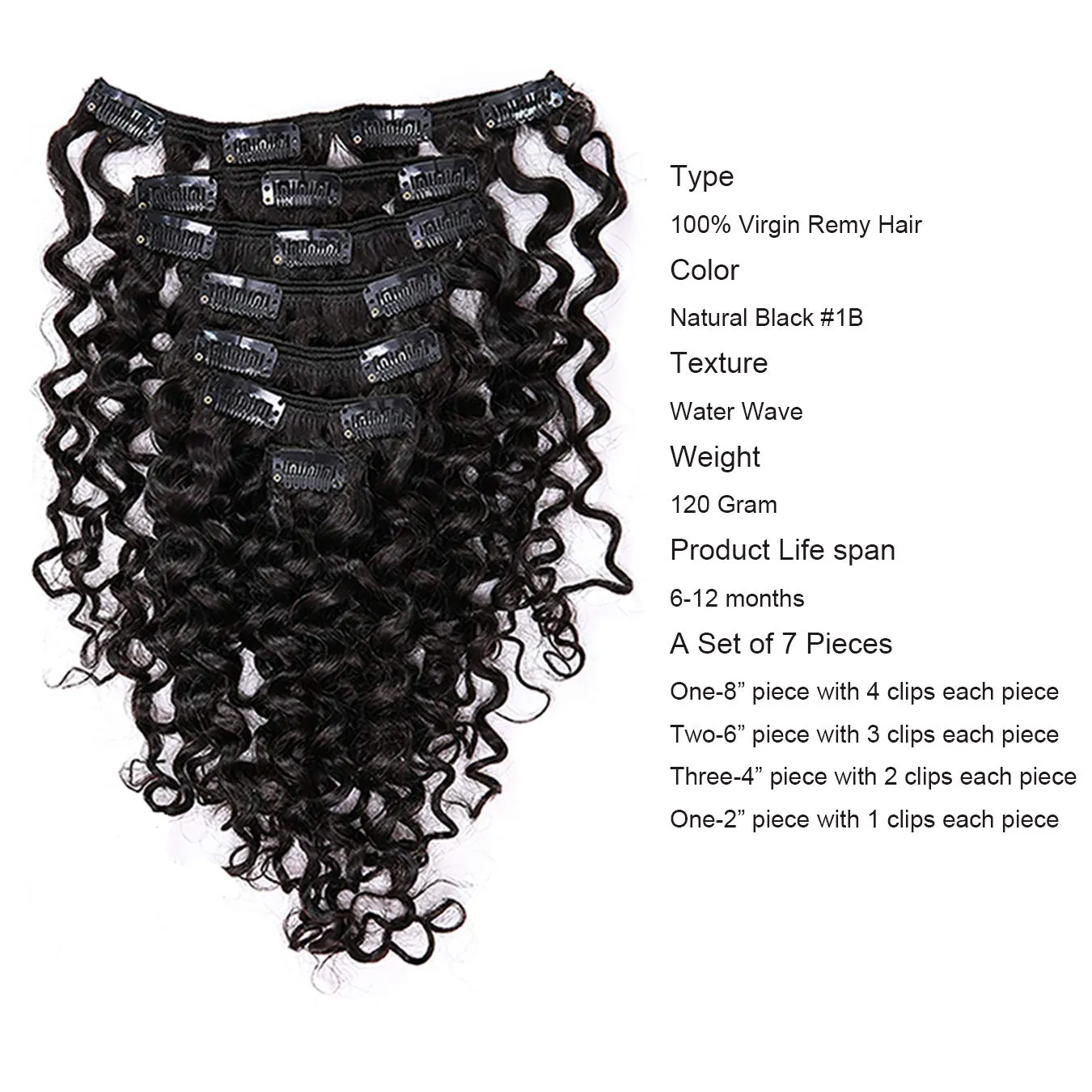 Anrosa Water Wave Clip in Hair Extensions Human Curly Hair Natural Black 1B Double Weft Water Wave Curly Clip ins Extensions for Black Women Clip on Wave Hair Extension 16 Inch 120 Gram