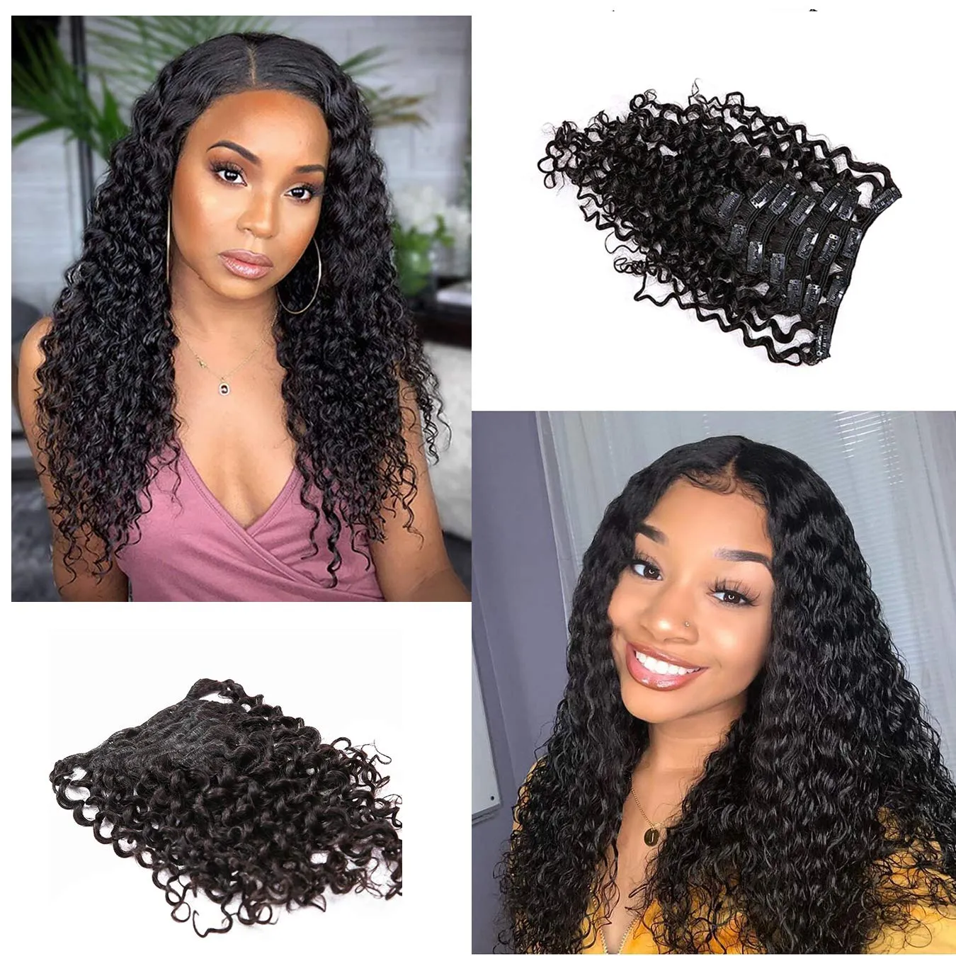 Anrosa Water Wave Clip in Hair Extensions Human Curly Hair Natural Black 1B Double Weft Water Wave Curly Clip ins Extensions for Black Women Clip on Wave Hair Extension 16 Inch 120 Gram
