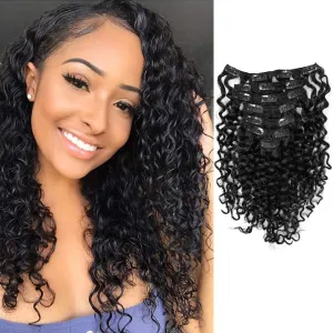 Anrosa Water Wave Clip in Hair Extensions Human Curly Hair Natural Black 1B Double Weft Water Wave Curly Clip ins Extensions for Black Women Clip on Wave Hair Extension 16 Inch 120 Gram