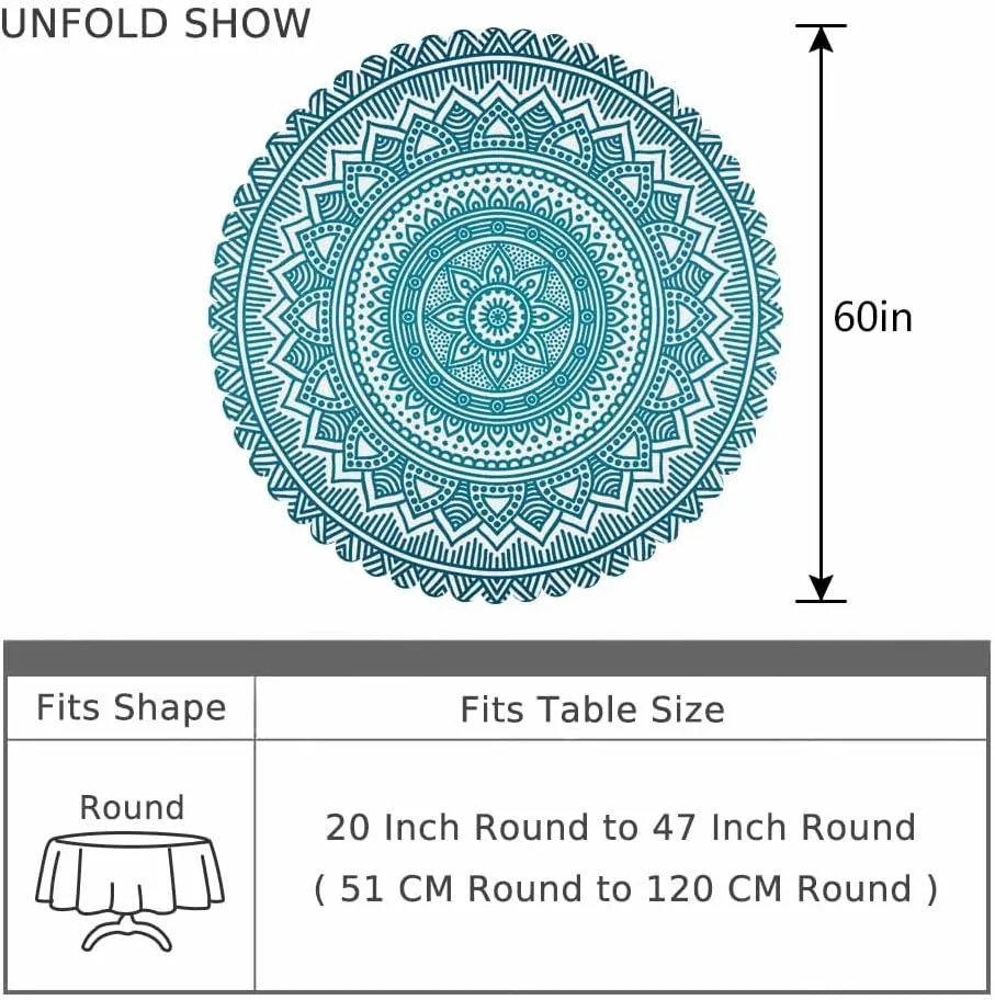 AOYEGO Blue White Mandala Tablecloth Round Table Cloth Circle Lotus Flowers Texture Ethnic Polyester Tablecloths 60 Inch for Dining Room, Party, Banquet