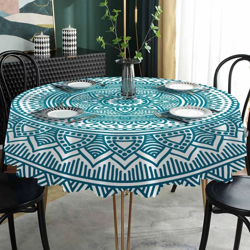 AOYEGO Blue White Mandala Tablecloth Round Table Cloth Circle Lotus Flowers Texture Ethnic Polyester Tablecloths 60 Inch for Dining Room, Party, Banquet