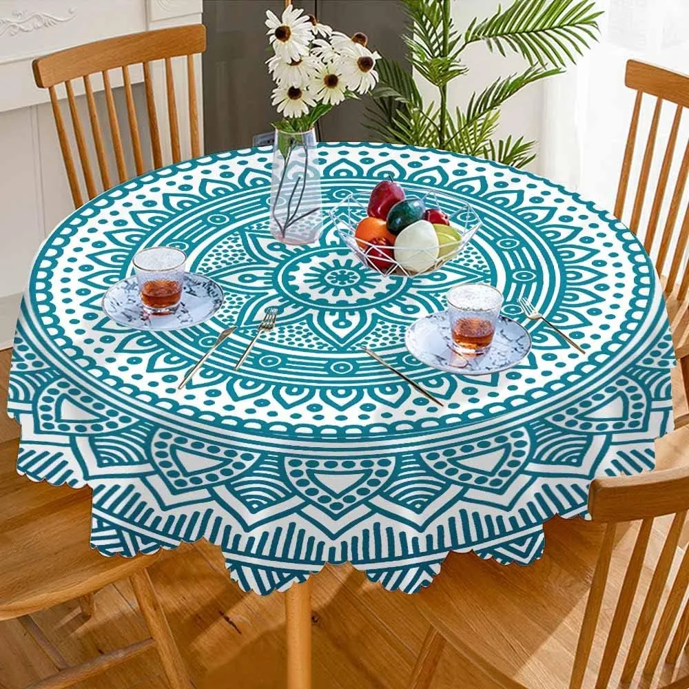 AOYEGO Blue White Mandala Tablecloth Round Table Cloth Circle Lotus Flowers Texture Ethnic Polyester Tablecloths 60 Inch for Dining Room, Party, Banquet