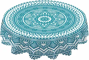 AOYEGO Blue White Mandala Tablecloth Round Table Cloth Circle Lotus Flowers Texture Ethnic Polyester Tablecloths 60 Inch for Dining Room, Party, Banquet