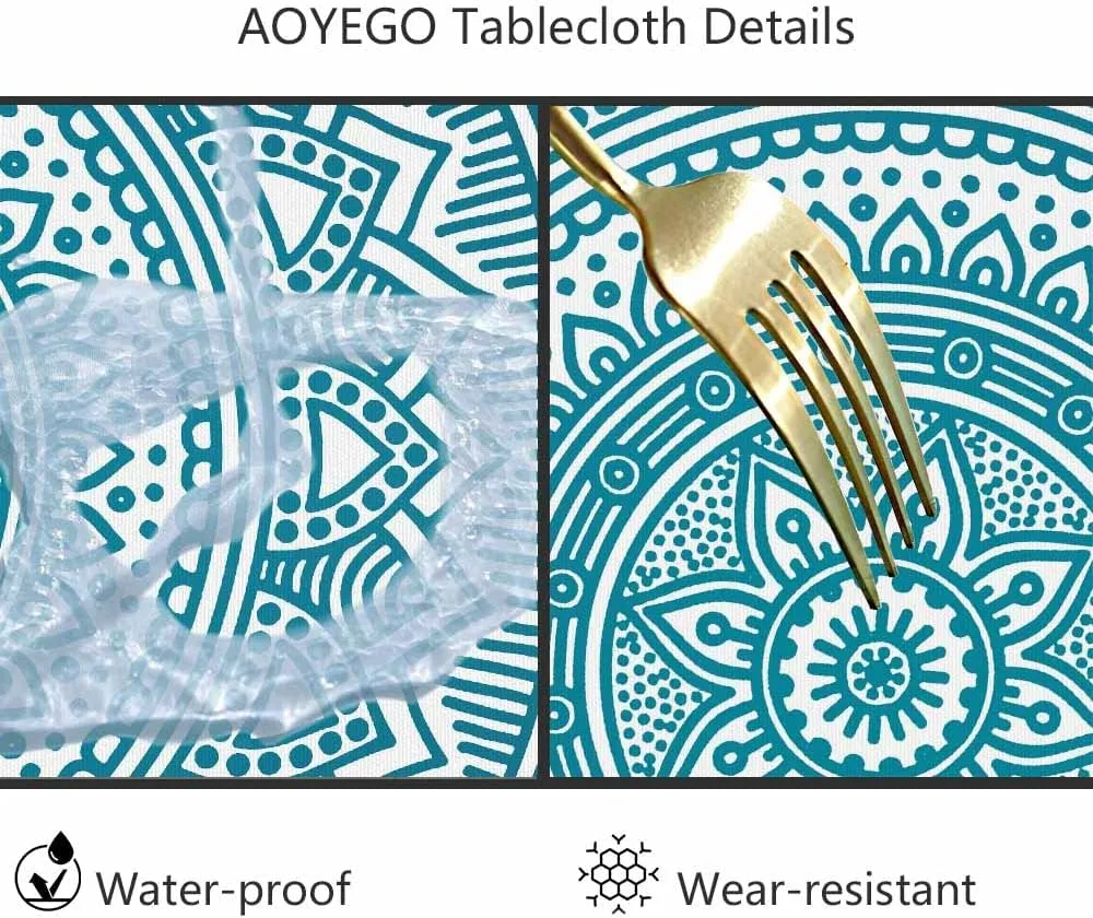 AOYEGO Blue White Mandala Tablecloth Round Table Cloth Circle Lotus Flowers Texture Ethnic Polyester Tablecloths 60 Inch for Dining Room, Party, Banquet