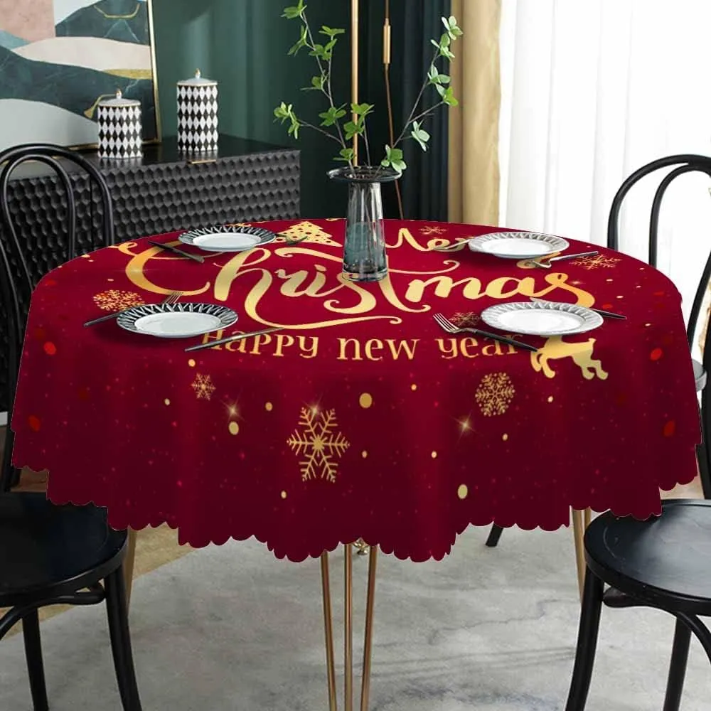 AOYEGO Christmas Table Cloth Snowflake Elk Tree Winter Happy New Year Round Tablecloth 60 Inch for Dining Room, Party, Banquet