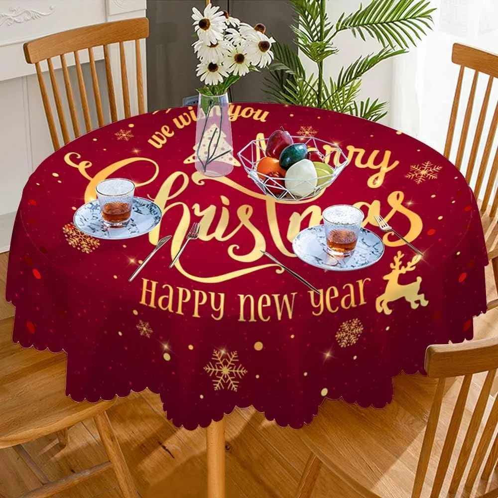 AOYEGO Christmas Table Cloth Snowflake Elk Tree Winter Happy New Year Round Tablecloth 60 Inch for Dining Room, Party, Banquet