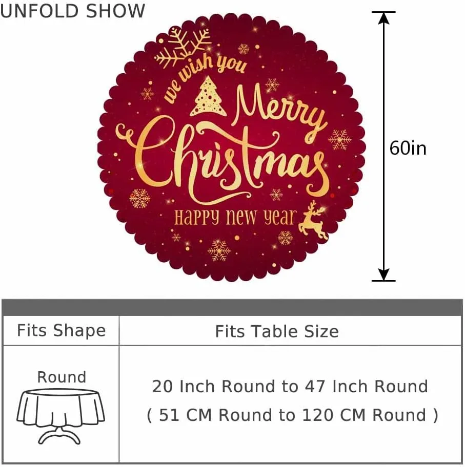 AOYEGO Christmas Table Cloth Snowflake Elk Tree Winter Happy New Year Round Tablecloth 60 Inch for Dining Room, Party, Banquet