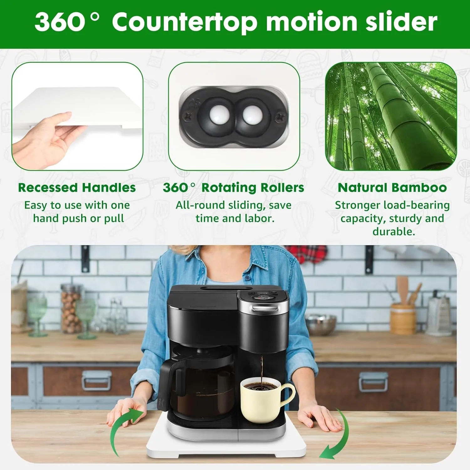 Appliance Slider 360° Rolling Tray for Coffee Maker- Bamboo Coffee Pot Slider Tray Countertop Rotation Sliding Tray with Wheels, Small Appliances Mat White (Medium13.9"×11.6")