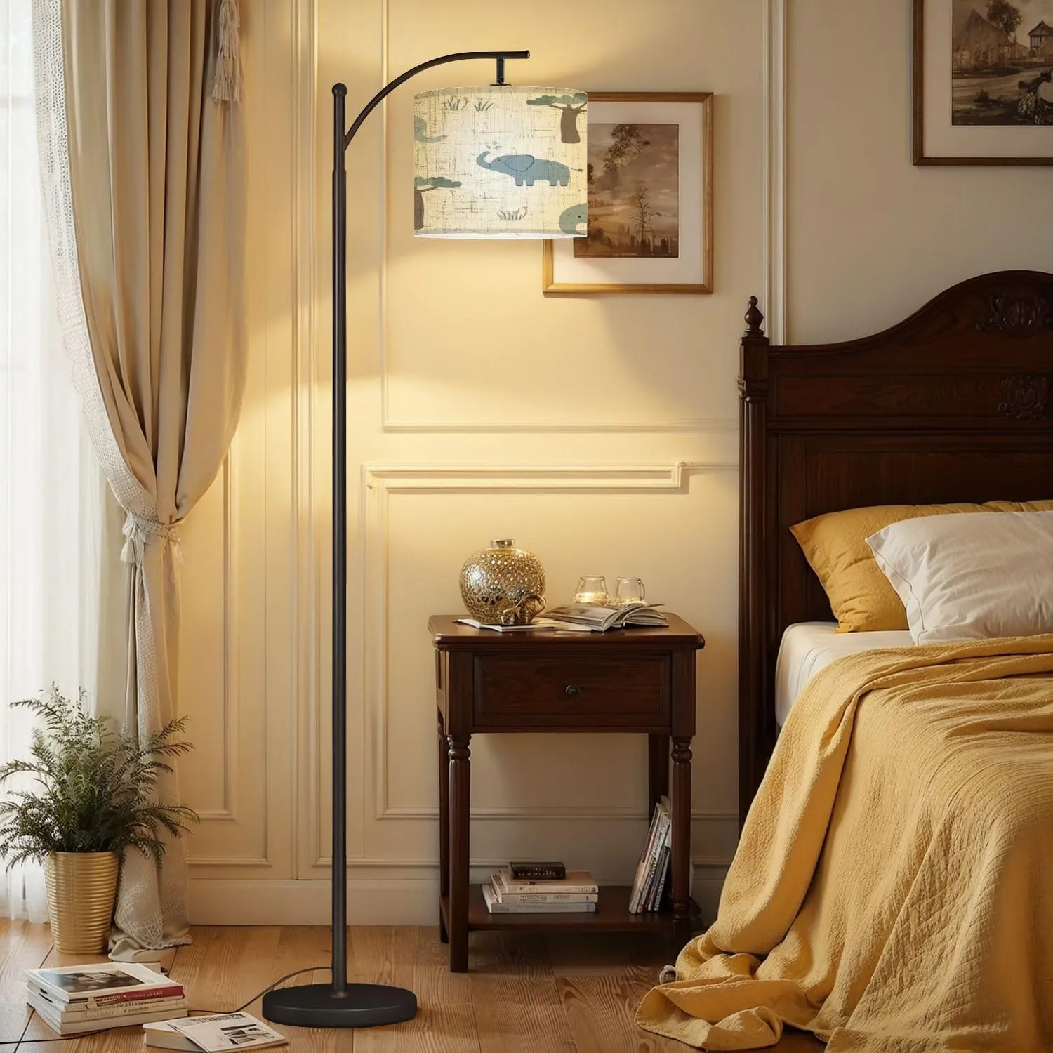 Arc Floor Lamps Seamless Pattern Cute Elephant Light Flat Style Used for Paper Fabric Modern LED Adjustable Lampshade Standing Light for Living Room Reading Bedroom Office