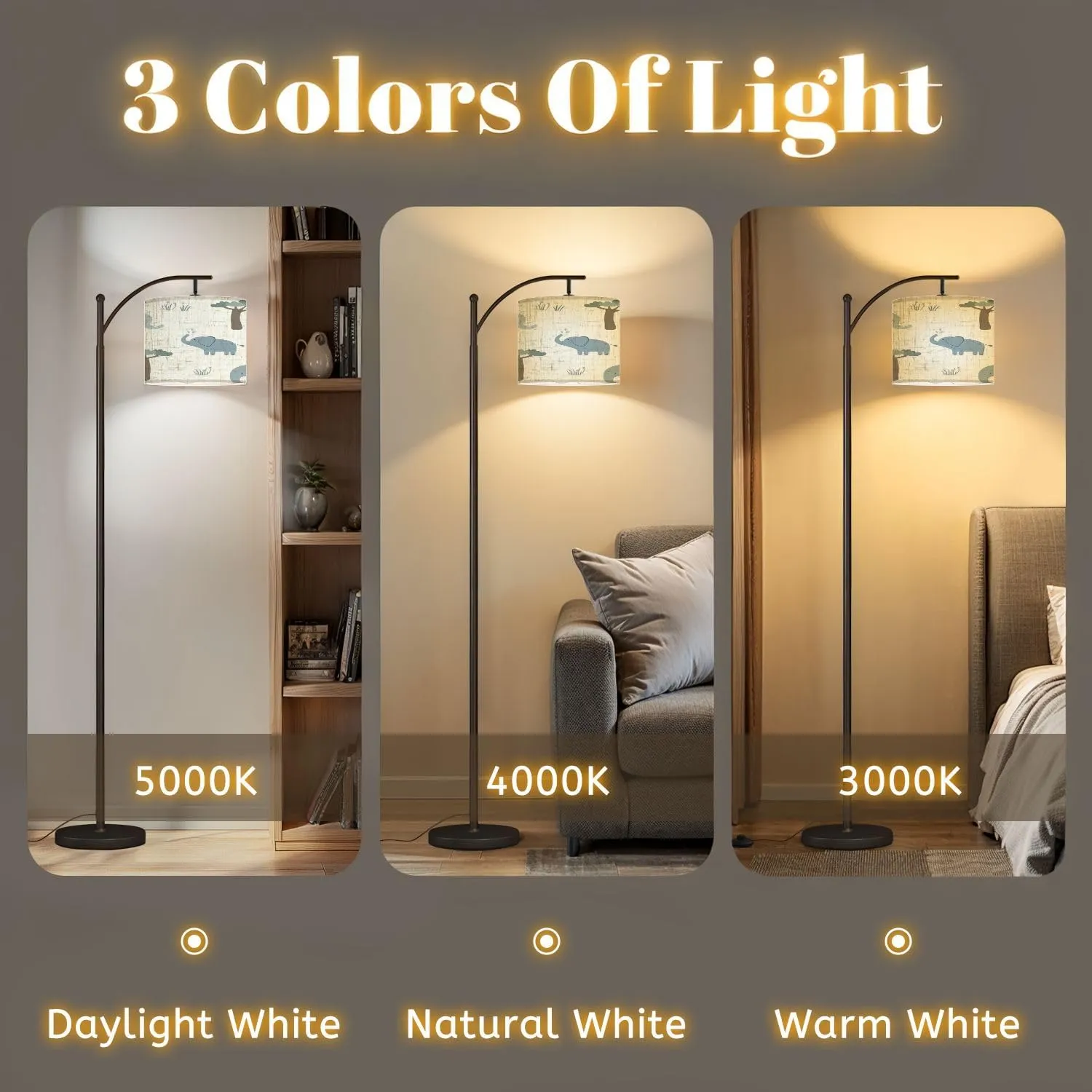 Arc Floor Lamps Seamless Pattern Cute Elephant Light Flat Style Used for Paper Fabric Modern LED Adjustable Lampshade Standing Light for Living Room Reading Bedroom Office