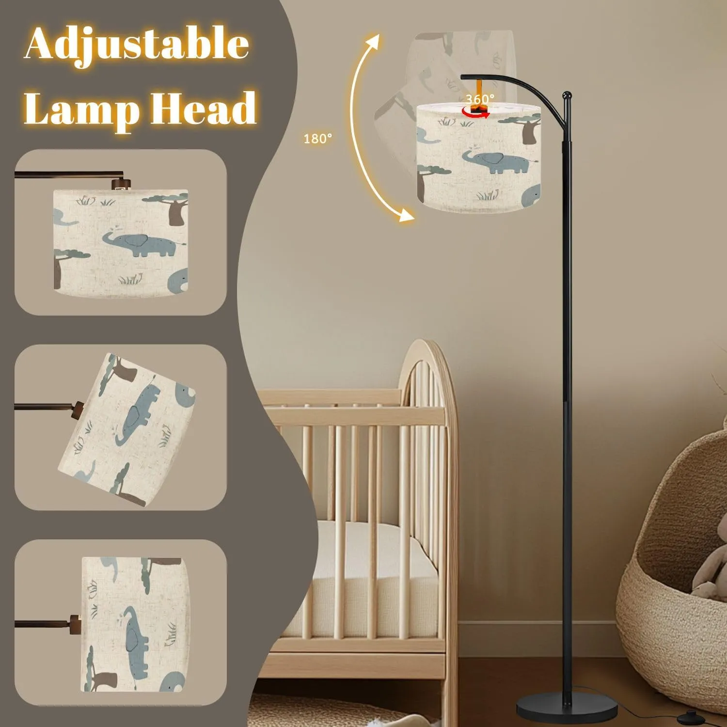 Arc Floor Lamps Seamless Pattern Cute Elephant Light Flat Style Used for Paper Fabric Modern LED Adjustable Lampshade Standing Light for Living Room Reading Bedroom Office