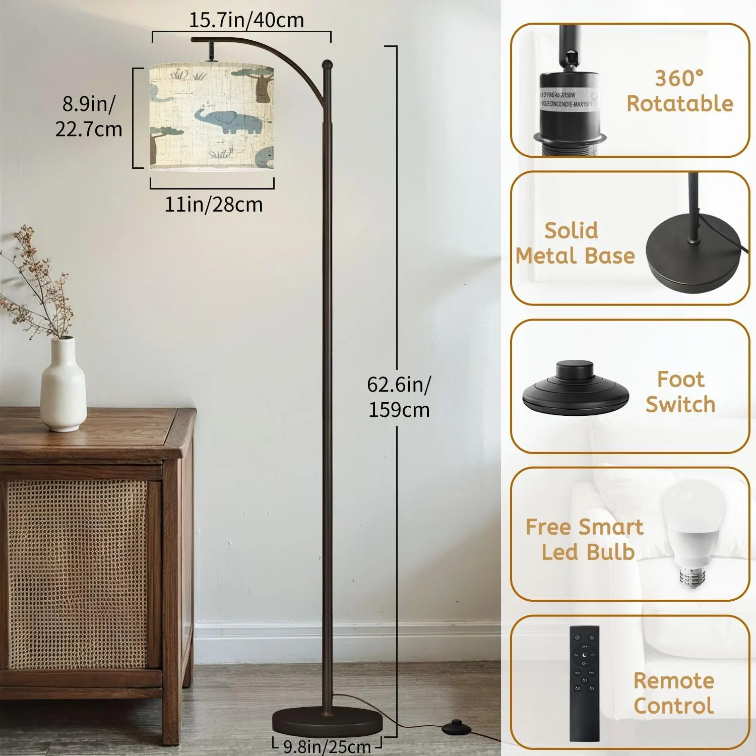 Arc Floor Lamps Seamless Pattern Cute Elephant Light Flat Style Used for Paper Fabric Modern LED Adjustable Lampshade Standing Light for Living Room Reading Bedroom Office