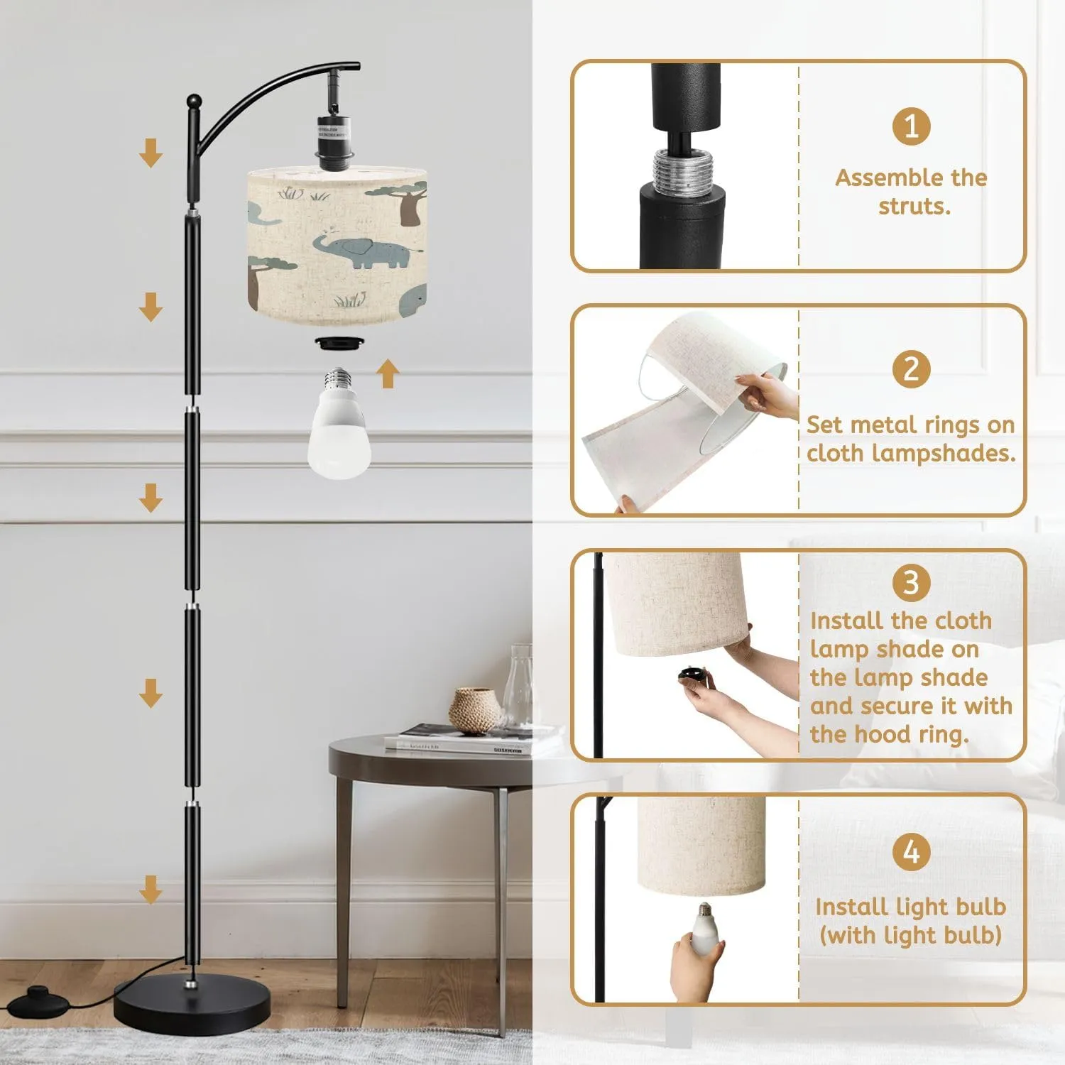 Arc Floor Lamps Seamless Pattern Cute Elephant Light Flat Style Used for Paper Fabric Modern LED Adjustable Lampshade Standing Light for Living Room Reading Bedroom Office