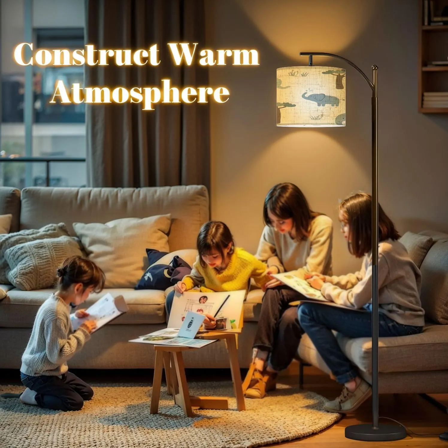 Arc Floor Lamps Seamless Pattern Cute Elephant Light Flat Style Used for Paper Fabric Modern LED Adjustable Lampshade Standing Light for Living Room Reading Bedroom Office