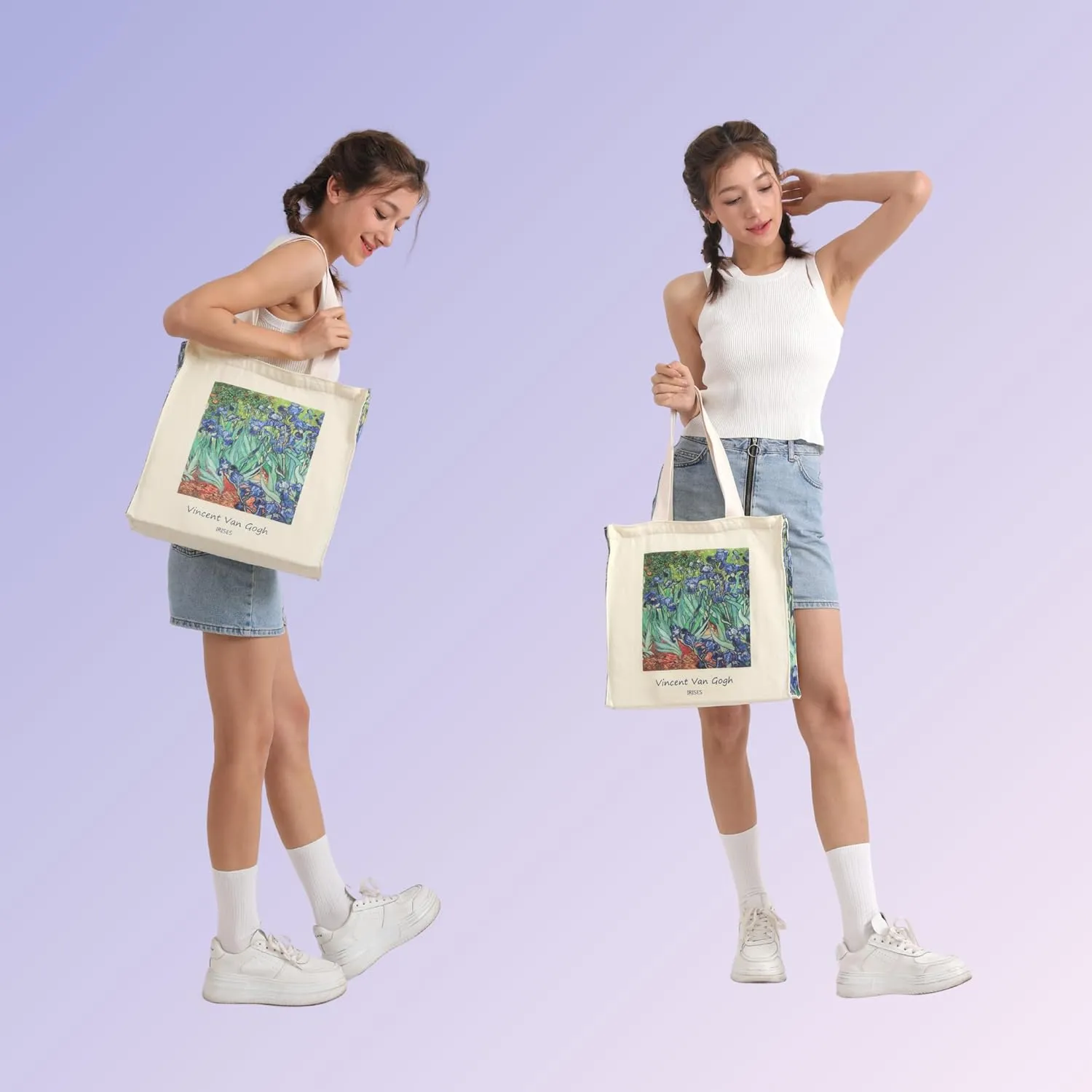 Art Canvas Tote Bag for Women with false flat bottom, zippers,interior Pocket,suitable for Shopping,Work,Travel