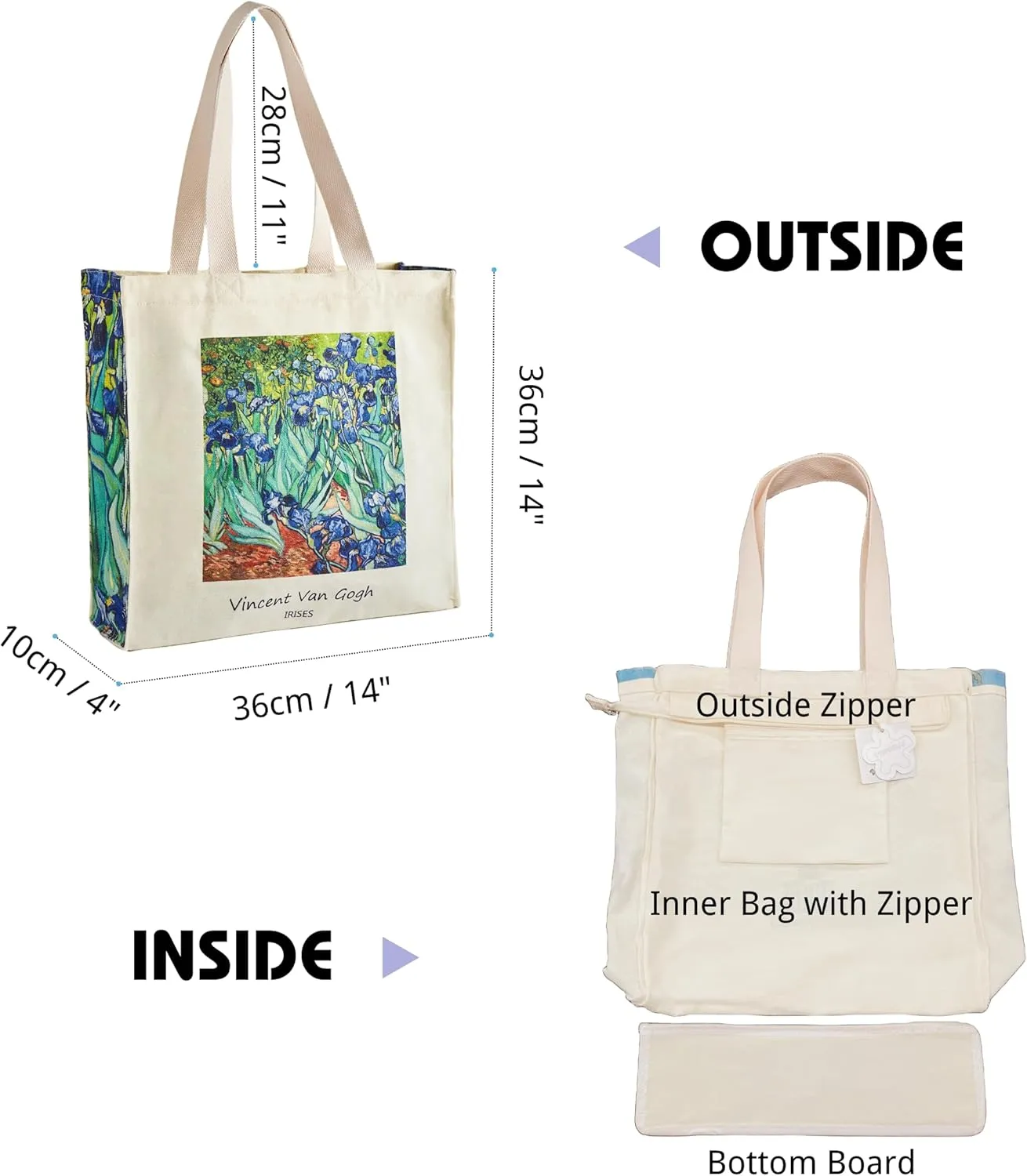 Art Canvas Tote Bag for Women with false flat bottom, zippers,interior Pocket,suitable for Shopping,Work,Travel