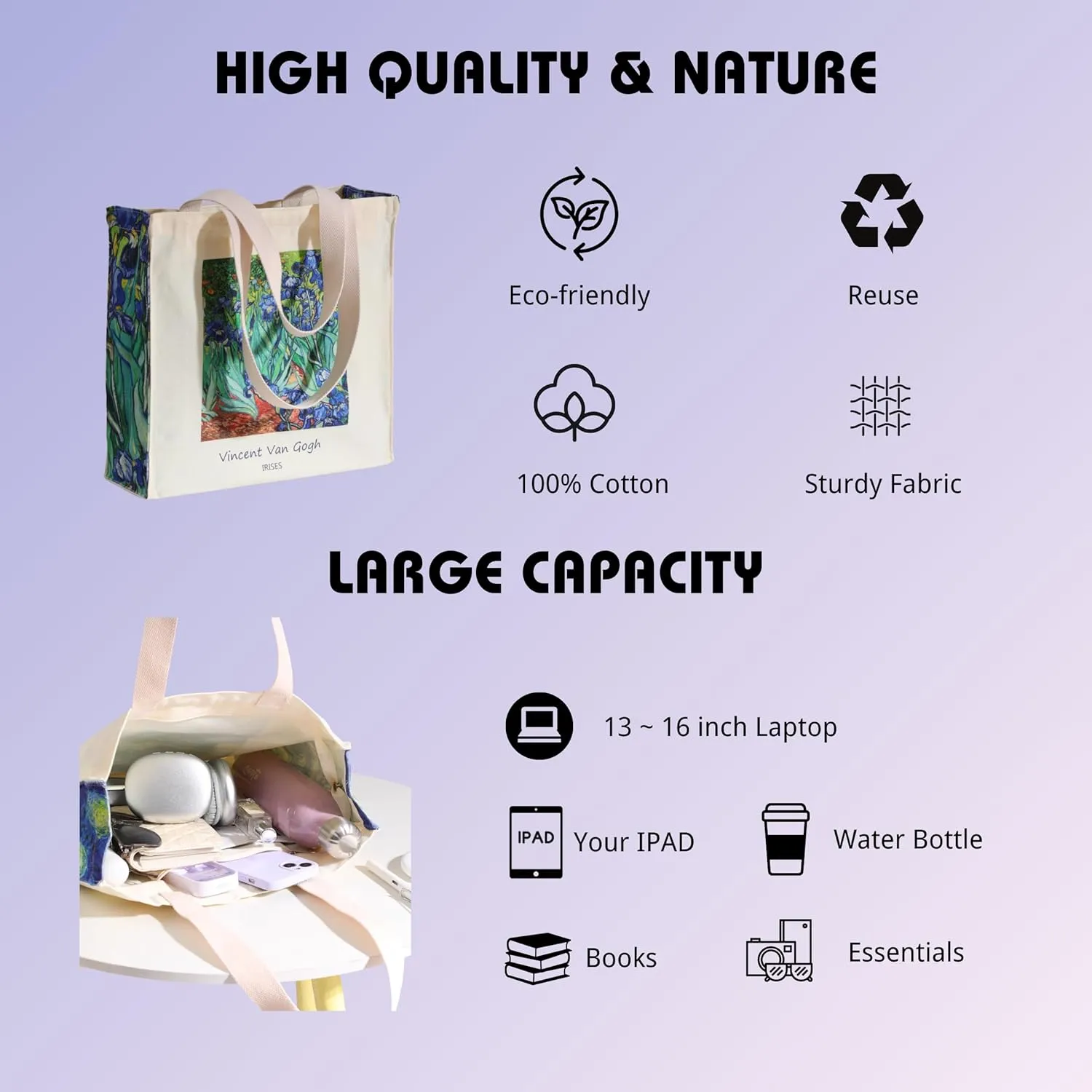 Art Canvas Tote Bag for Women with false flat bottom, zippers,interior Pocket,suitable for Shopping,Work,Travel