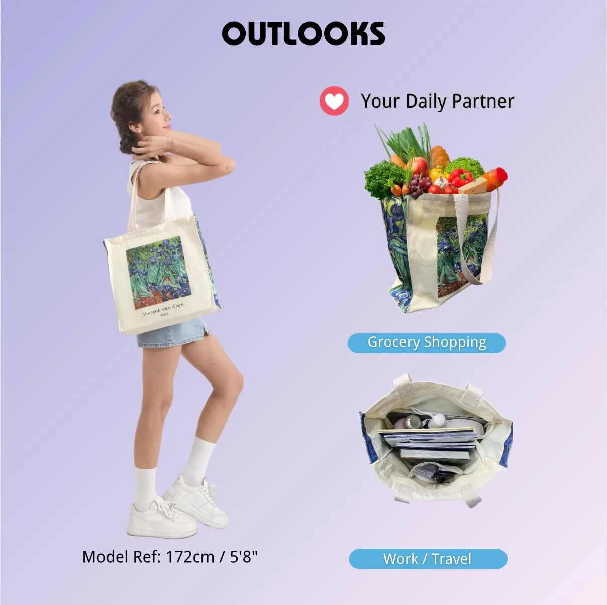 Art Canvas Tote Bag for Women with false flat bottom, zippers,interior Pocket,suitable for Shopping,Work,Travel