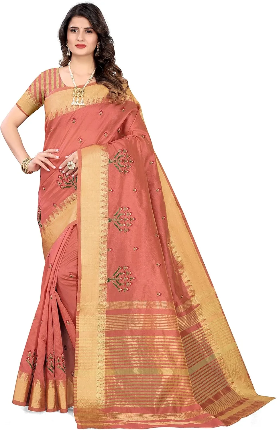 Assam Women's Saree Silk Cotton Golden Edge Thread Embroidery Sari with Blouse Piece