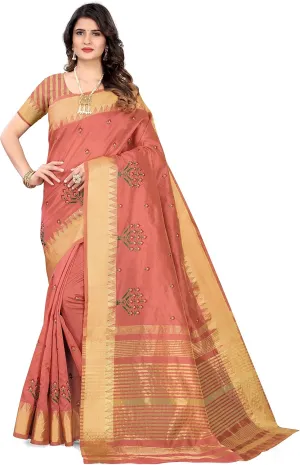 Assam Women's Saree Silk Cotton Golden Edge Thread Embroidery Sari with Blouse Piece