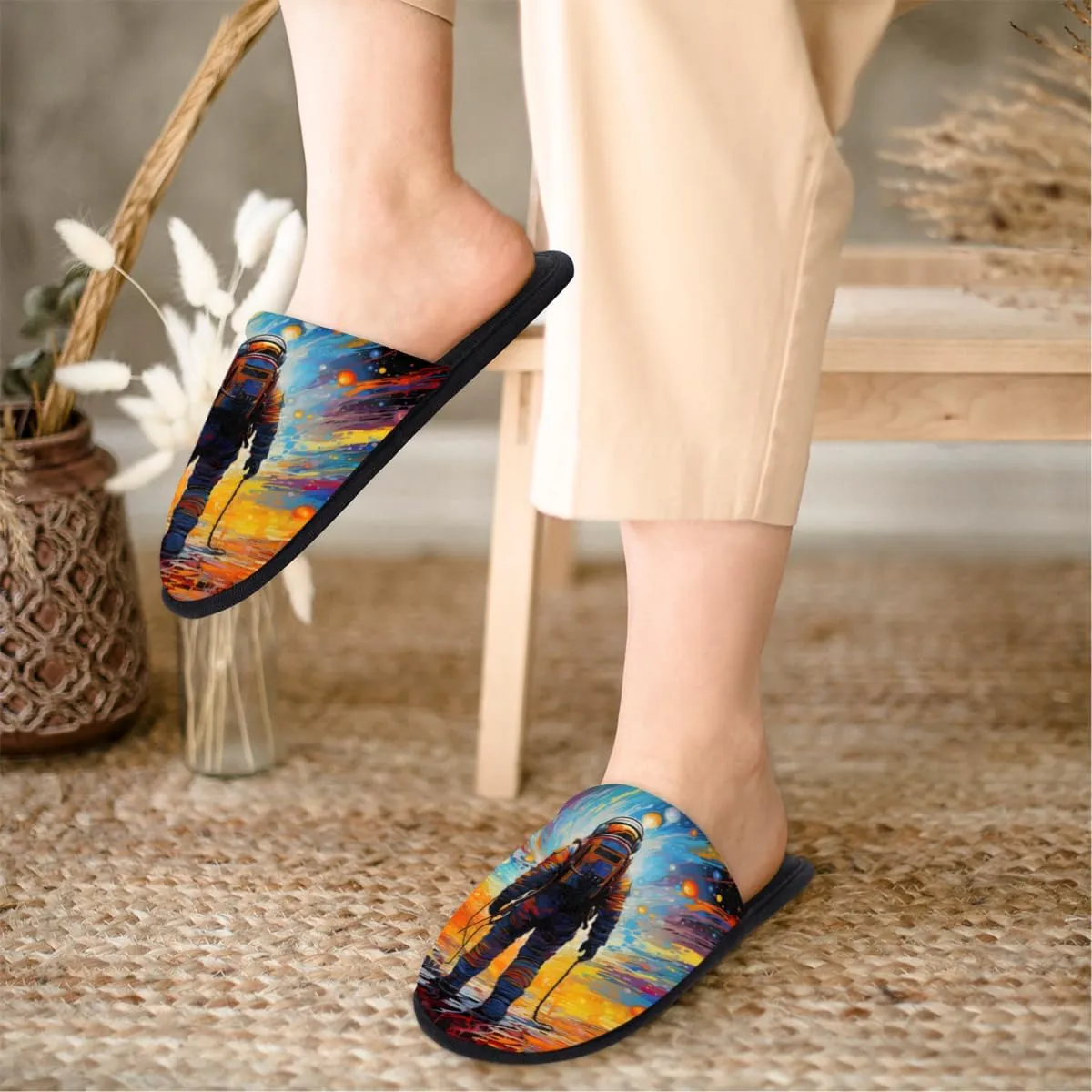 Astronaut Space Slippers for Women Men, Universe Galaxy House Slippers Soft Fluffy Warm Slip On Slippers Cozy Indoor Slippers Non-Slip Home Shoes, X-Small