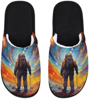 Astronaut Space Slippers for Women Men, Universe Galaxy House Slippers Soft Fluffy Warm Slip On Slippers Cozy Indoor Slippers Non-Slip Home Shoes, X-Small