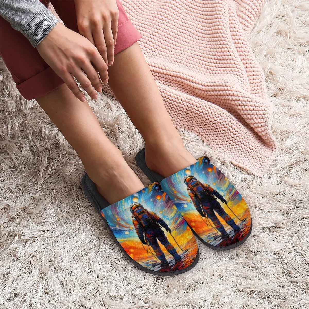 Astronaut Space Slippers for Women Men, Universe Galaxy House Slippers Soft Fluffy Warm Slip On Slippers Cozy Indoor Slippers Non-Slip Home Shoes, X-Small