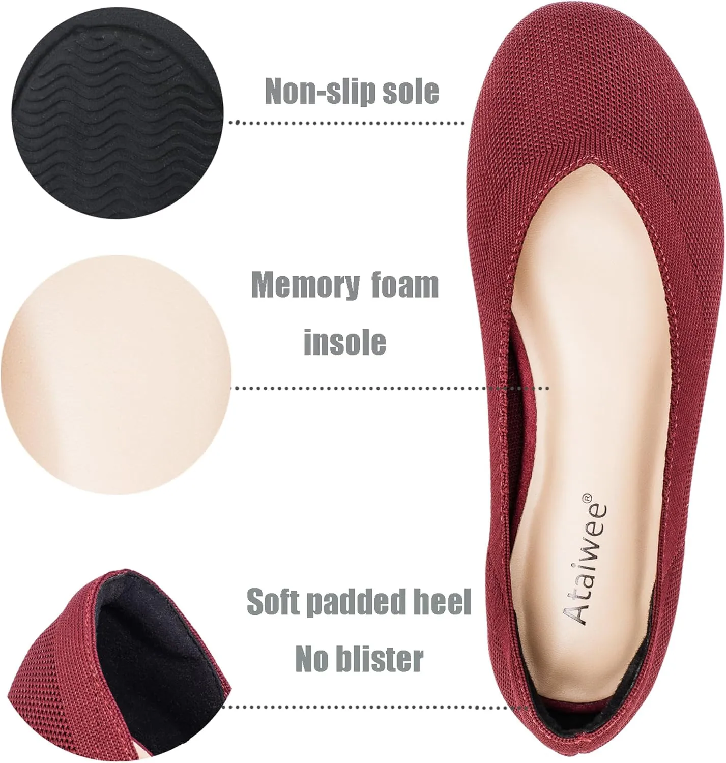 Ataiwee Women's Wide Width Flat Shoes - Dressy Knitted Soft Breathable Cute Slip-On Ballet Flats.