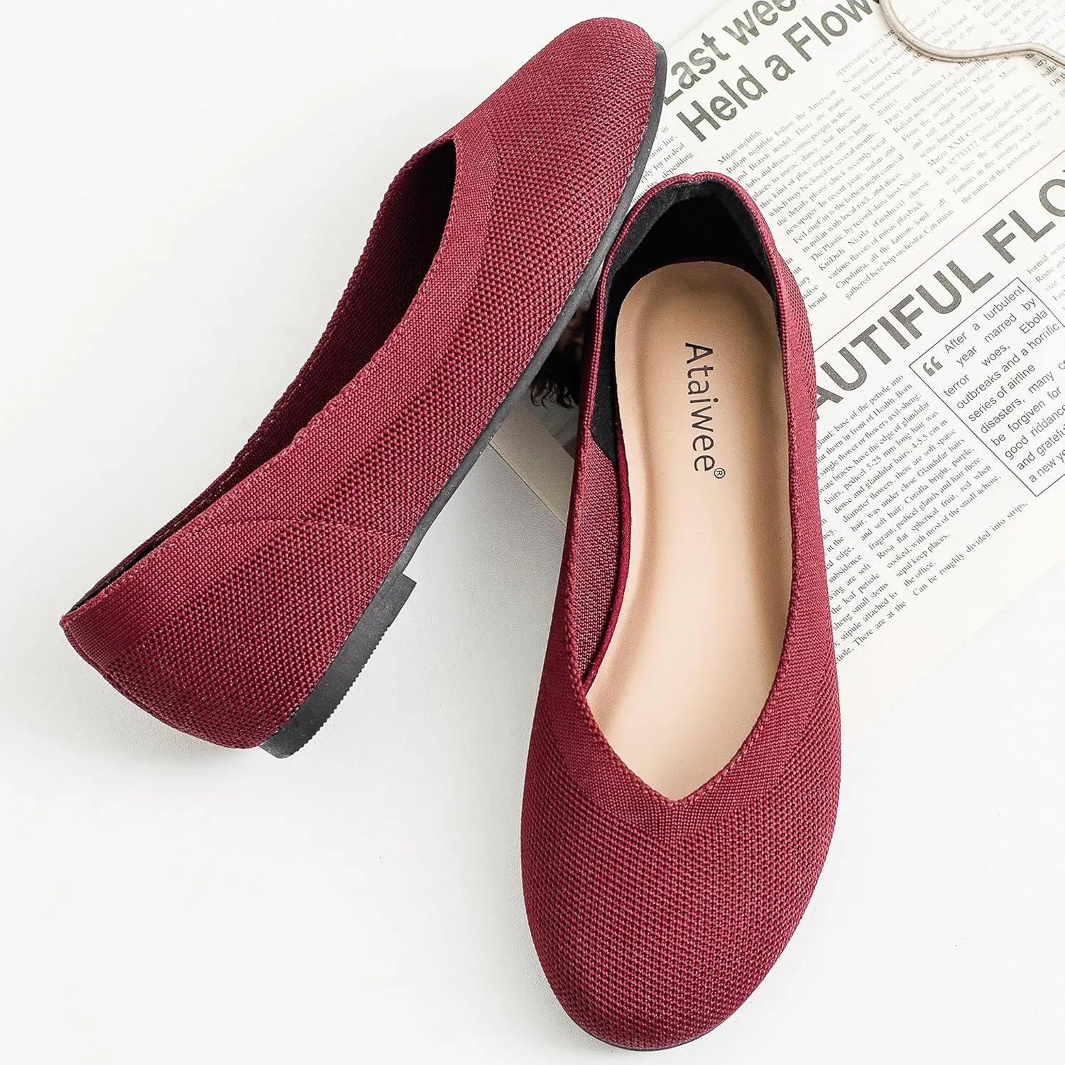 Ataiwee Women's Wide Width Flat Shoes - Dressy Knitted Soft Breathable Cute Slip-On Ballet Flats.